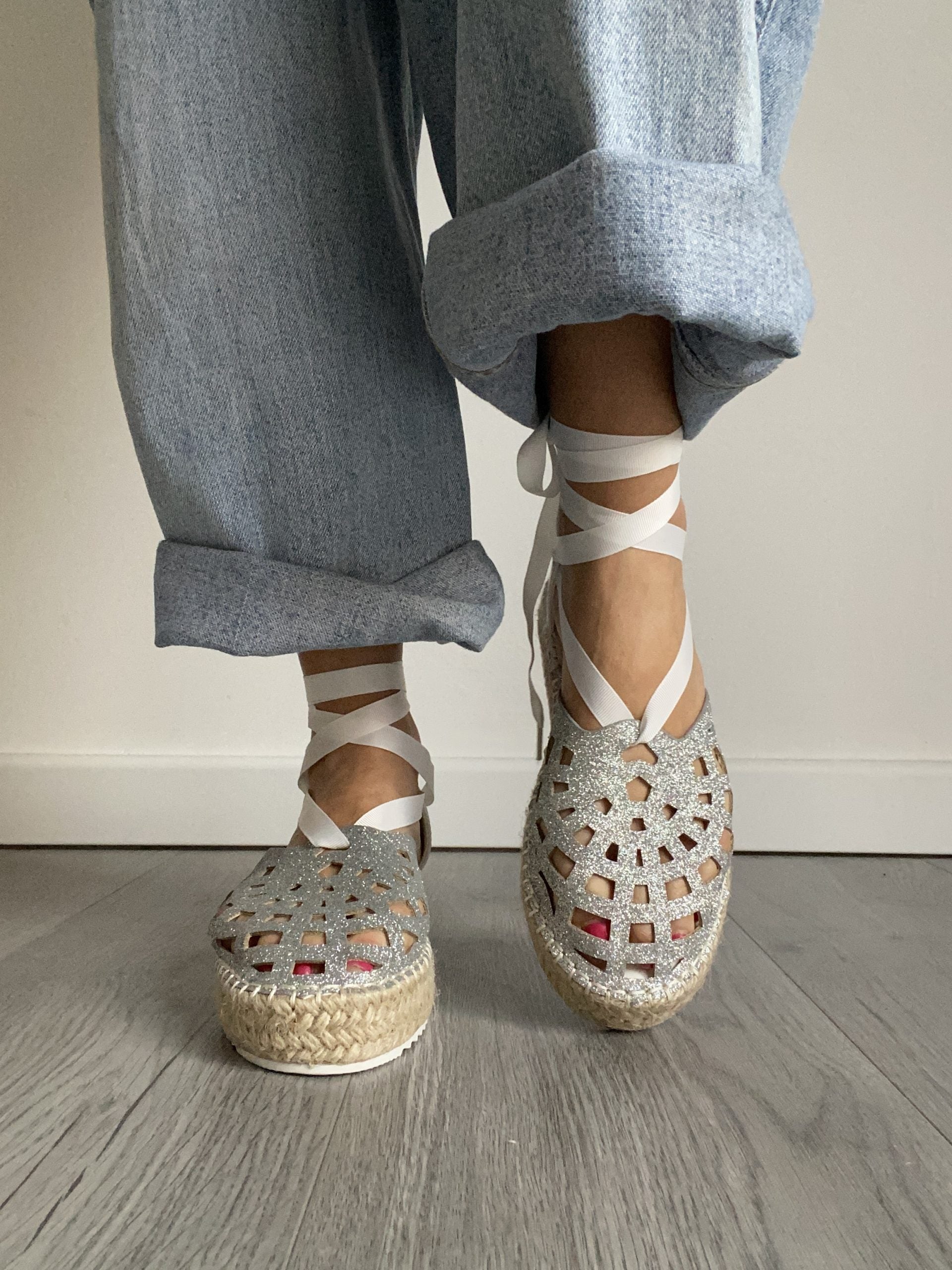 Espadrillas Glitter Lacci alla Schiava - Argento