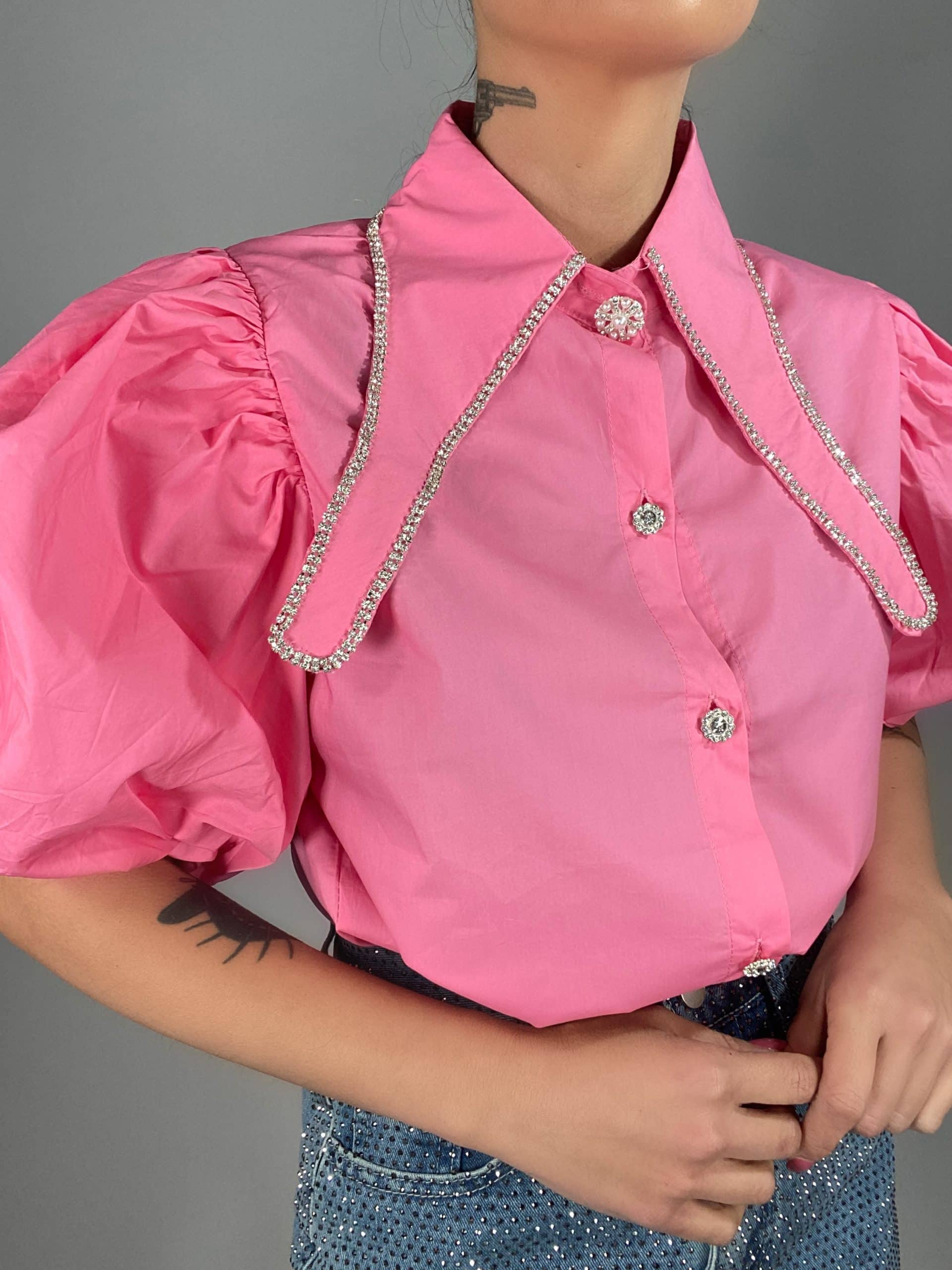Camicia Maniche Palloncino Maxi Colletto con Strass - Rosa