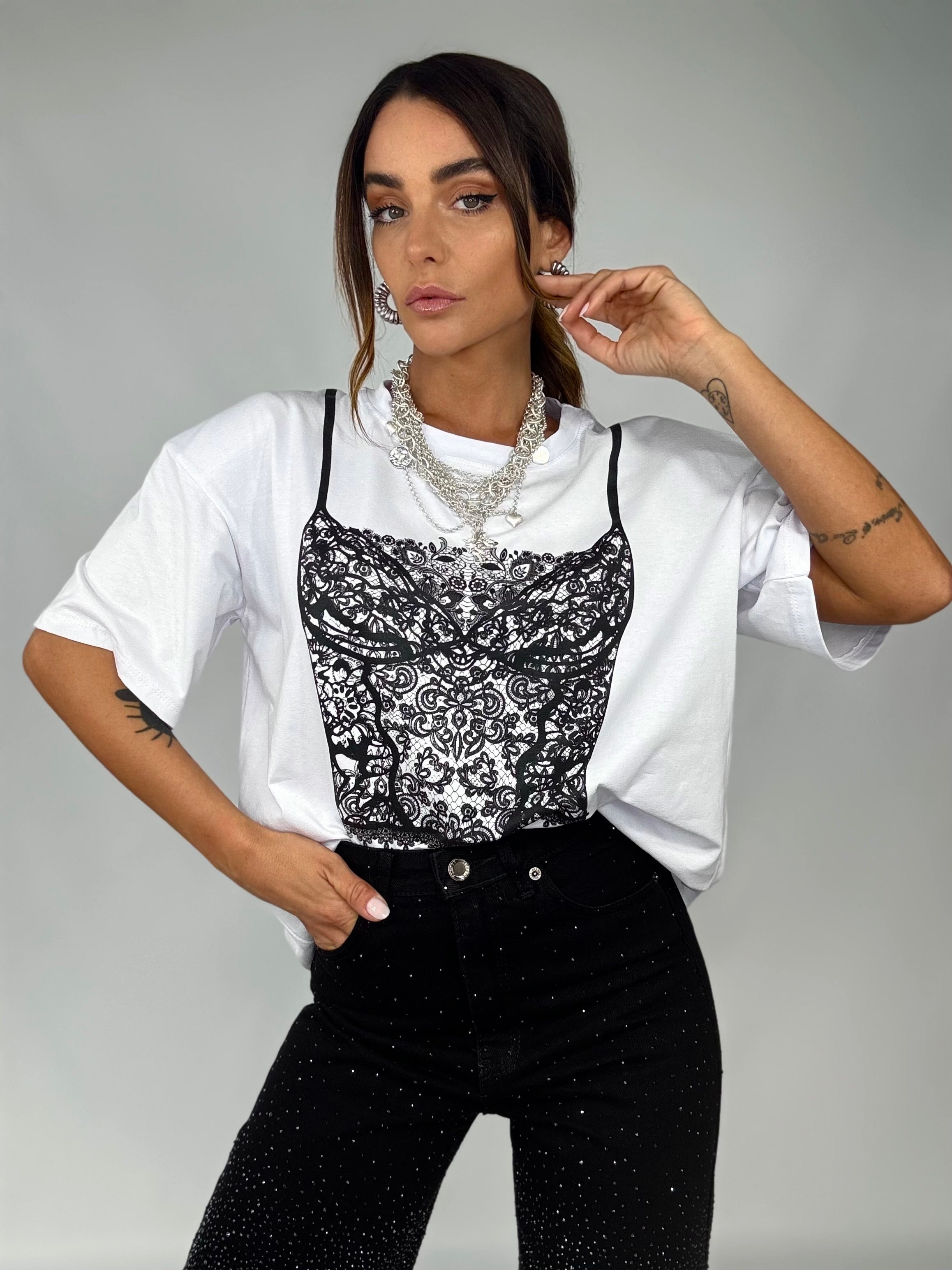 T-shirt Super Over Spalline Stampa Corsetto - Bianco