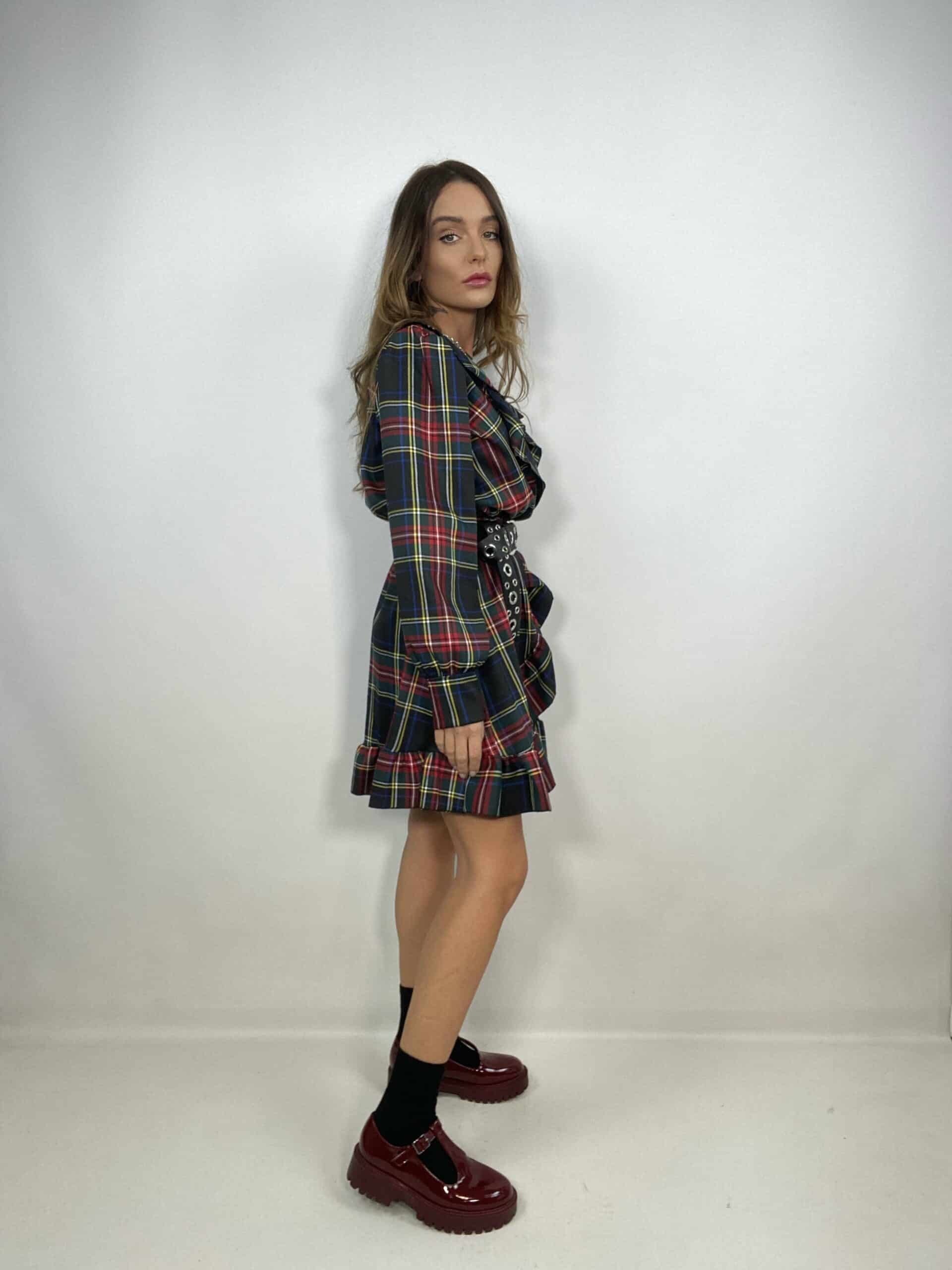 Mini Dress Tartan Con Volant - Nero