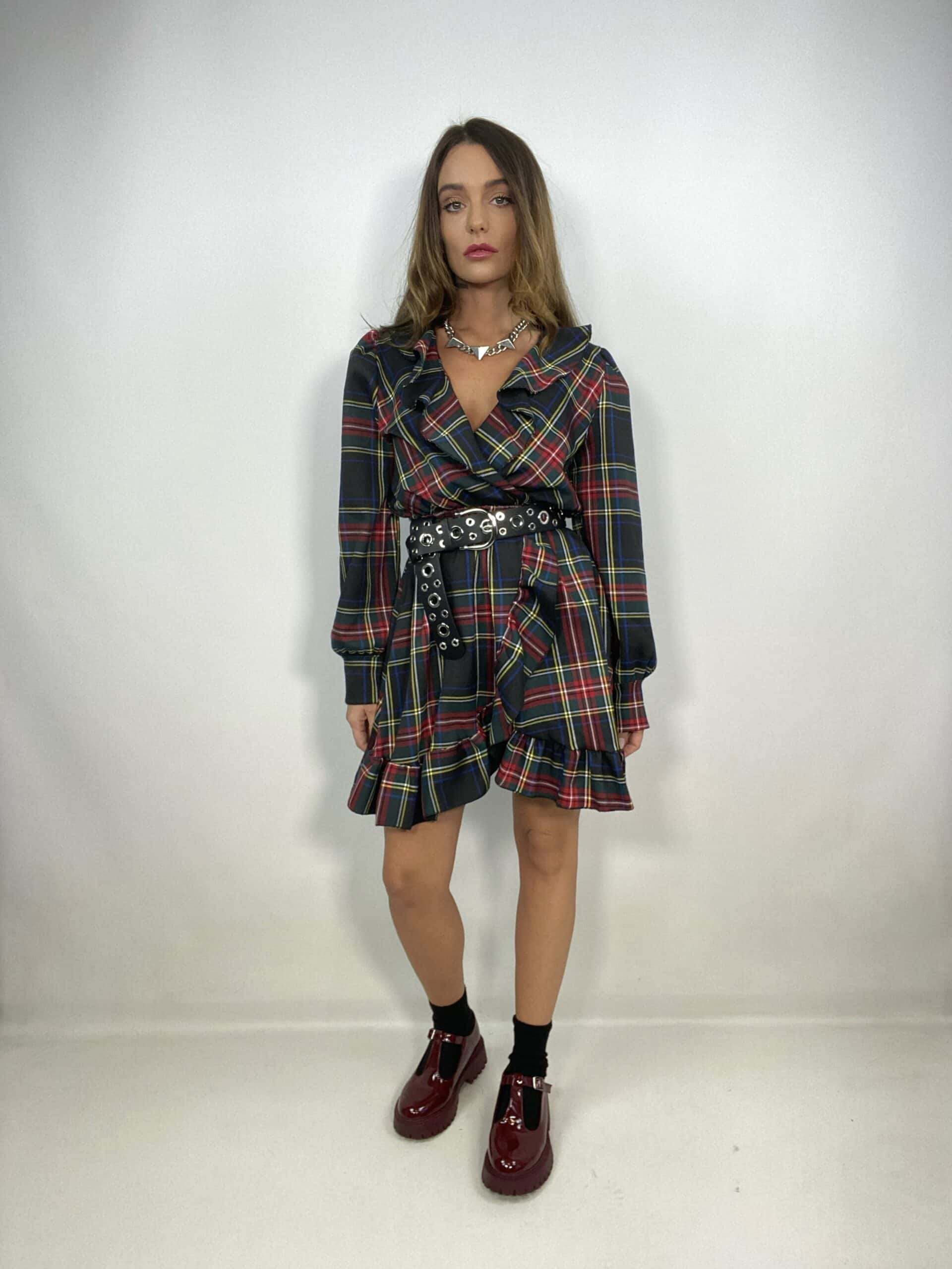 Mini Dress Tartan Con Volant - Nero