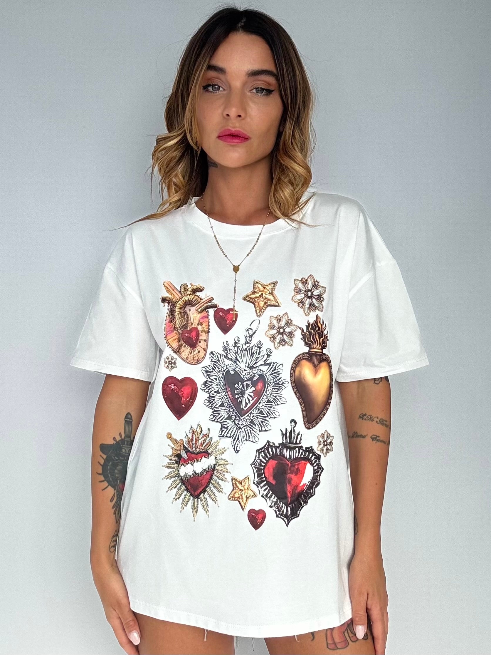 T-shirt Over Stampa Cuore Sacro - Bianco