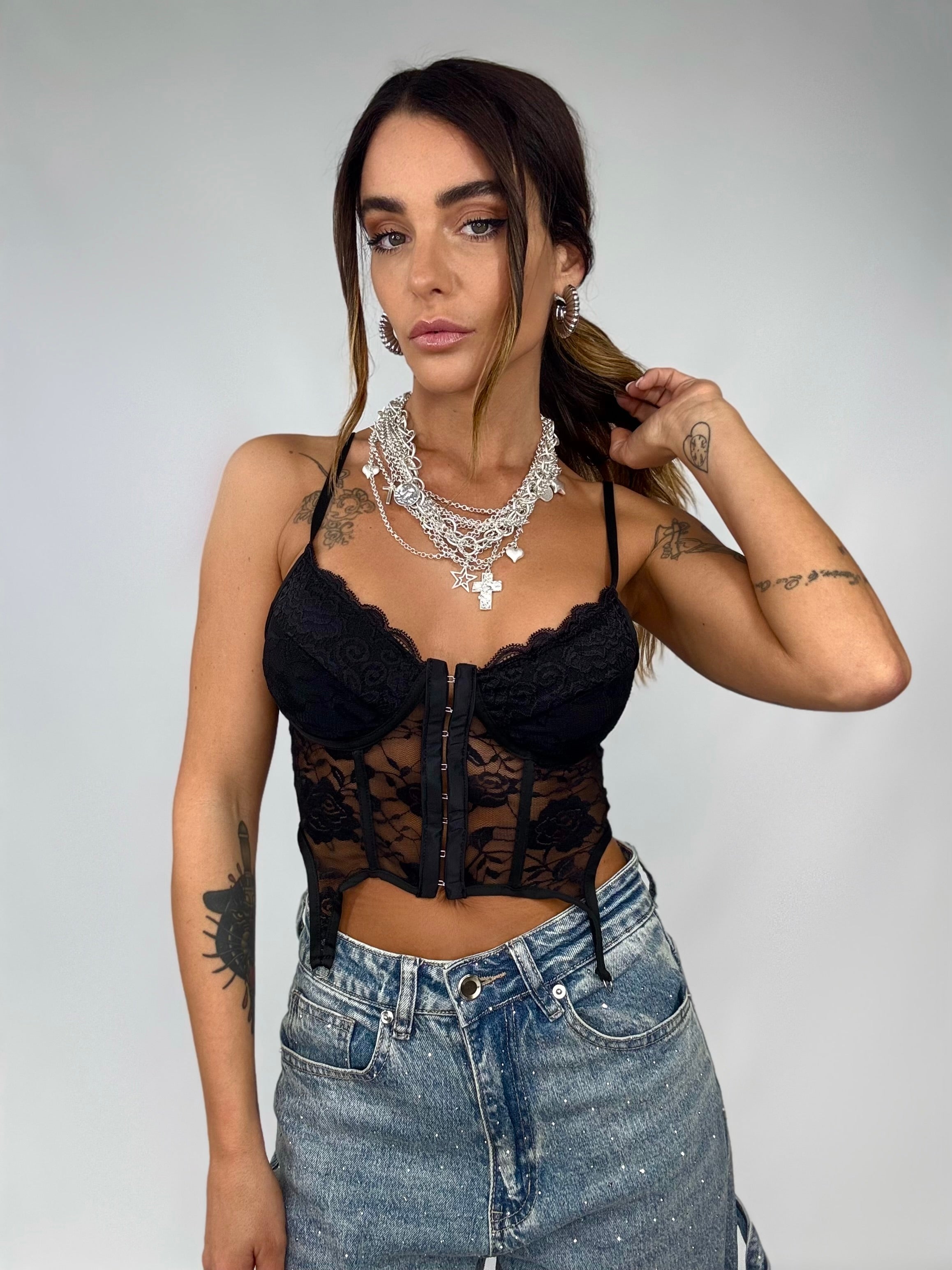Corsetto Pizzo con Reggicalze - Nero