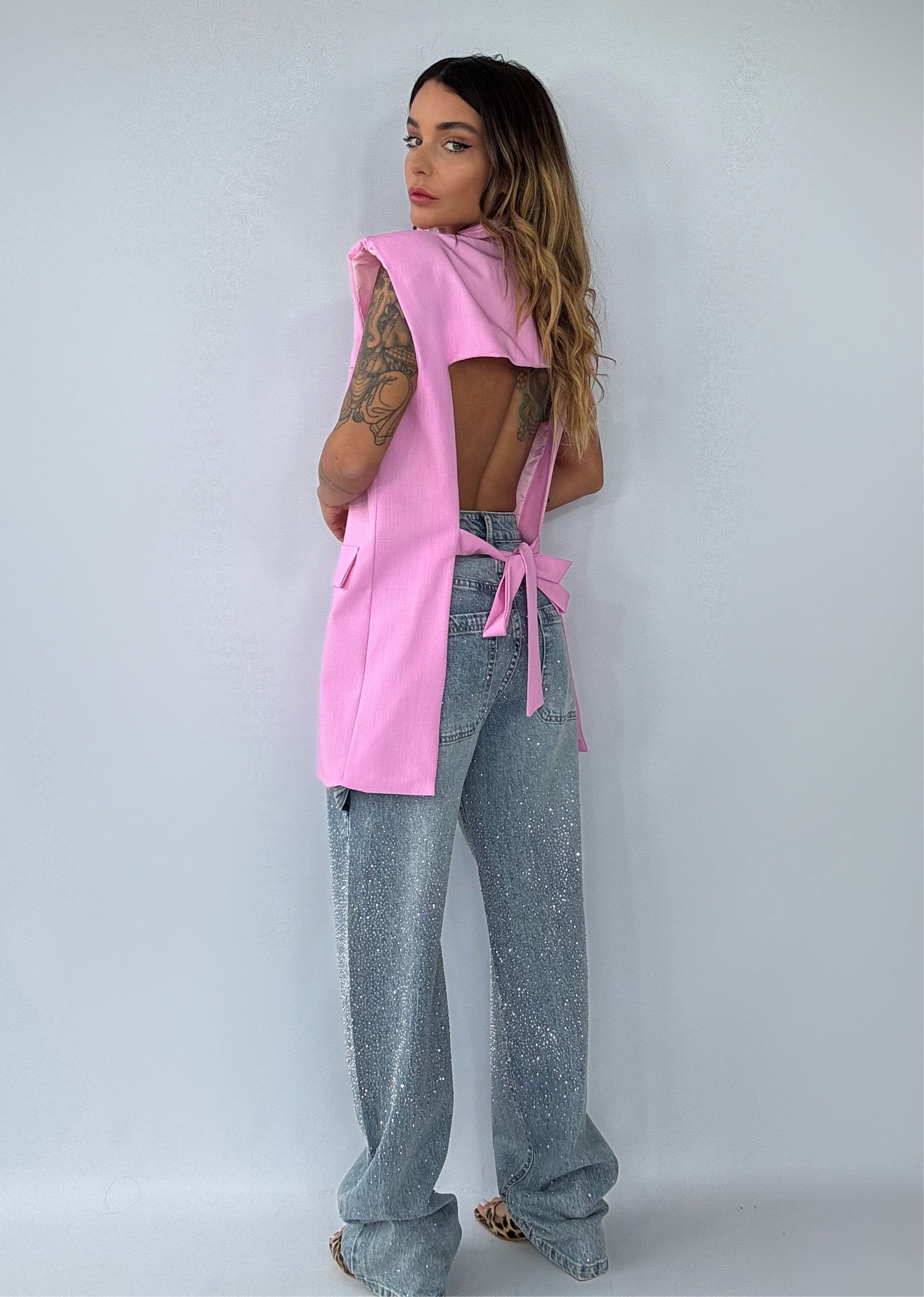 Gilet Over Spalline e Schiena Nuda - Rosa