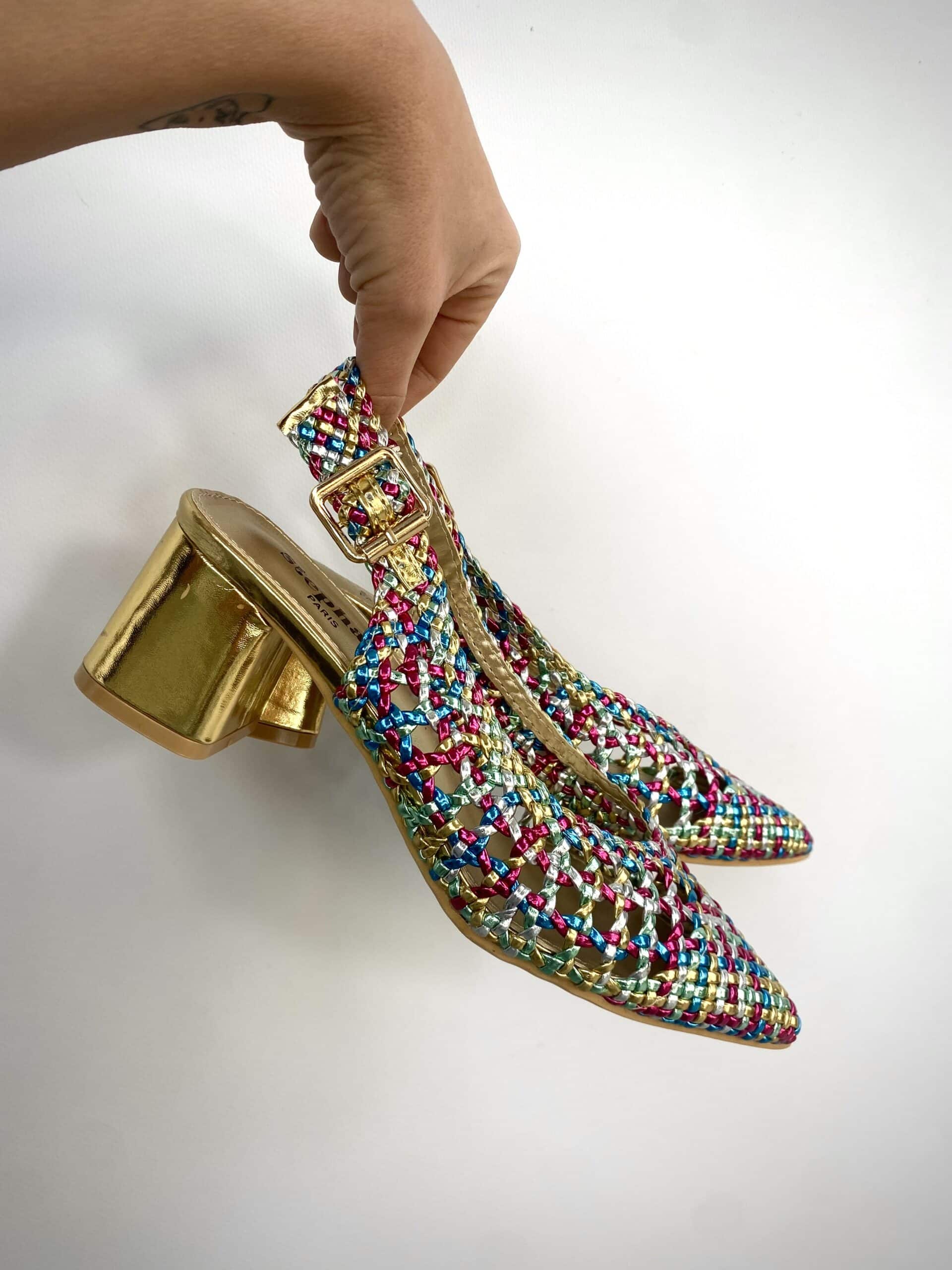 Slingback Rafia Comfort Medium Heels - Multicolor Verde / Fucsia