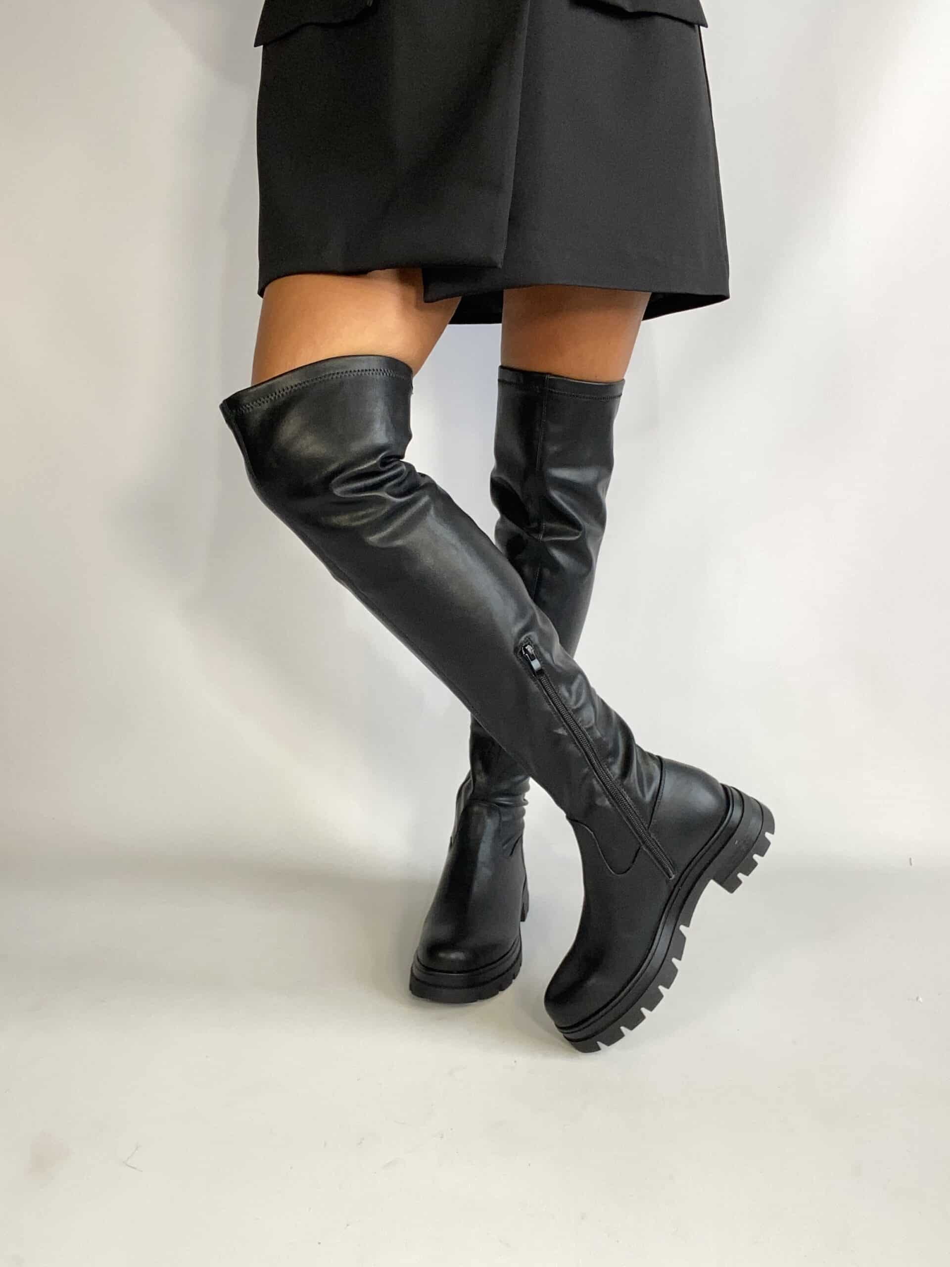 Stivali Cuissardes Platform- Simil Pelle Nero