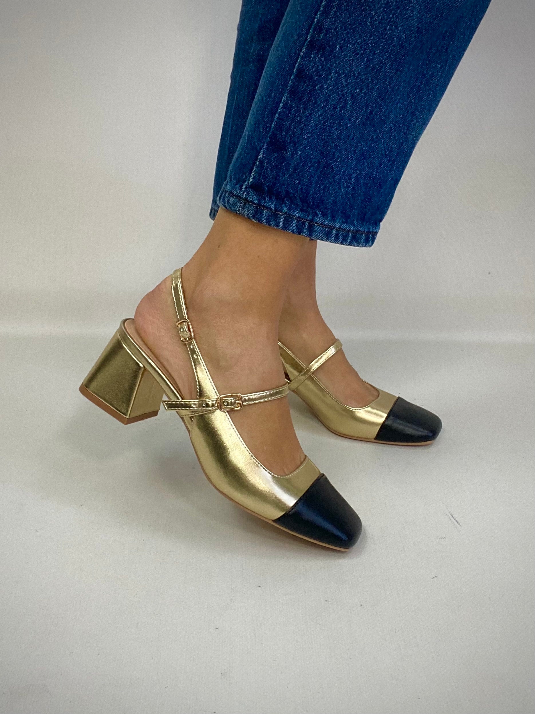 Mary Jane Medium Heels  - Bicolor Oro / Nero