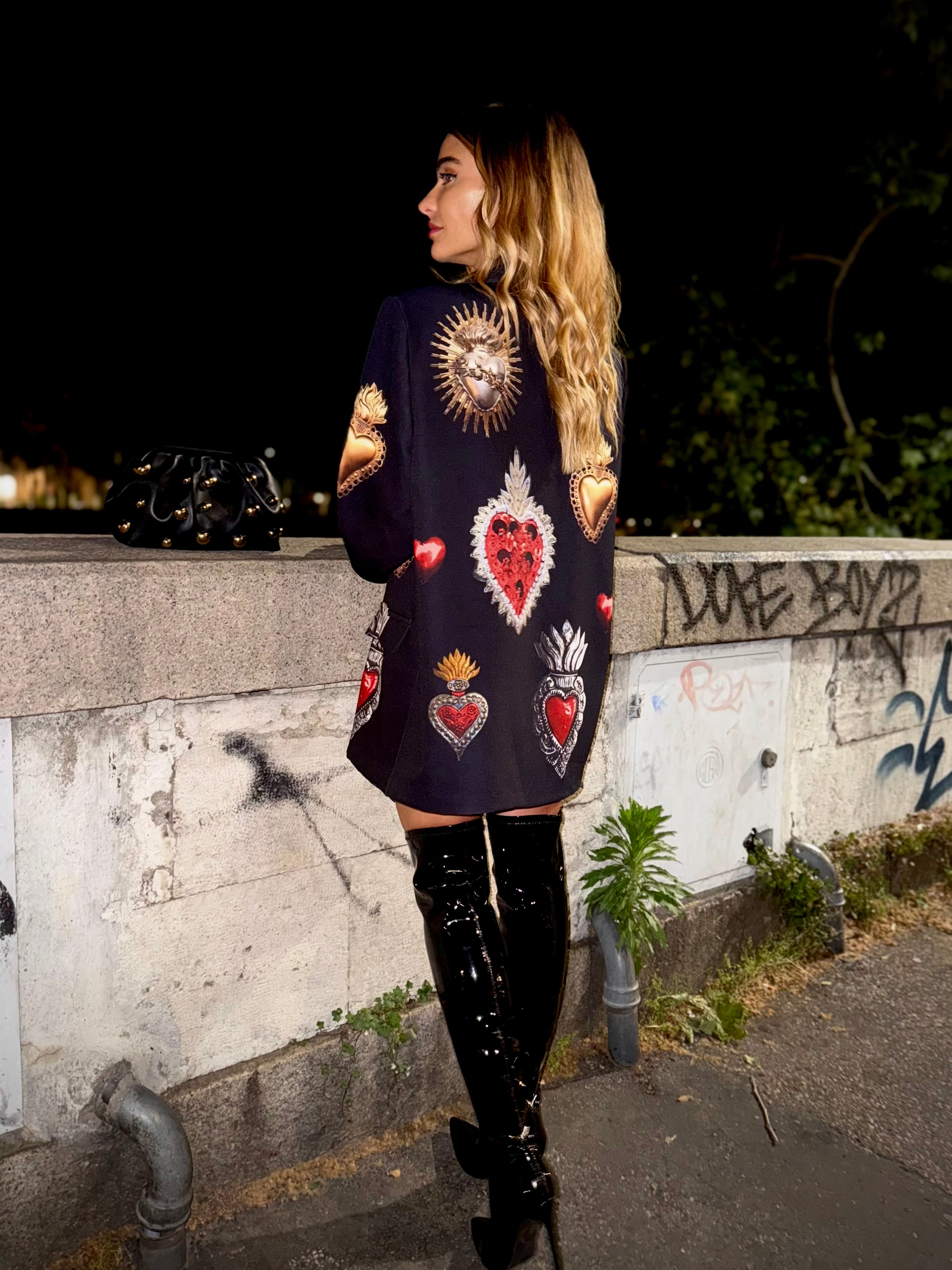 Blazer Over Stampa Cuore Sacro - Nero