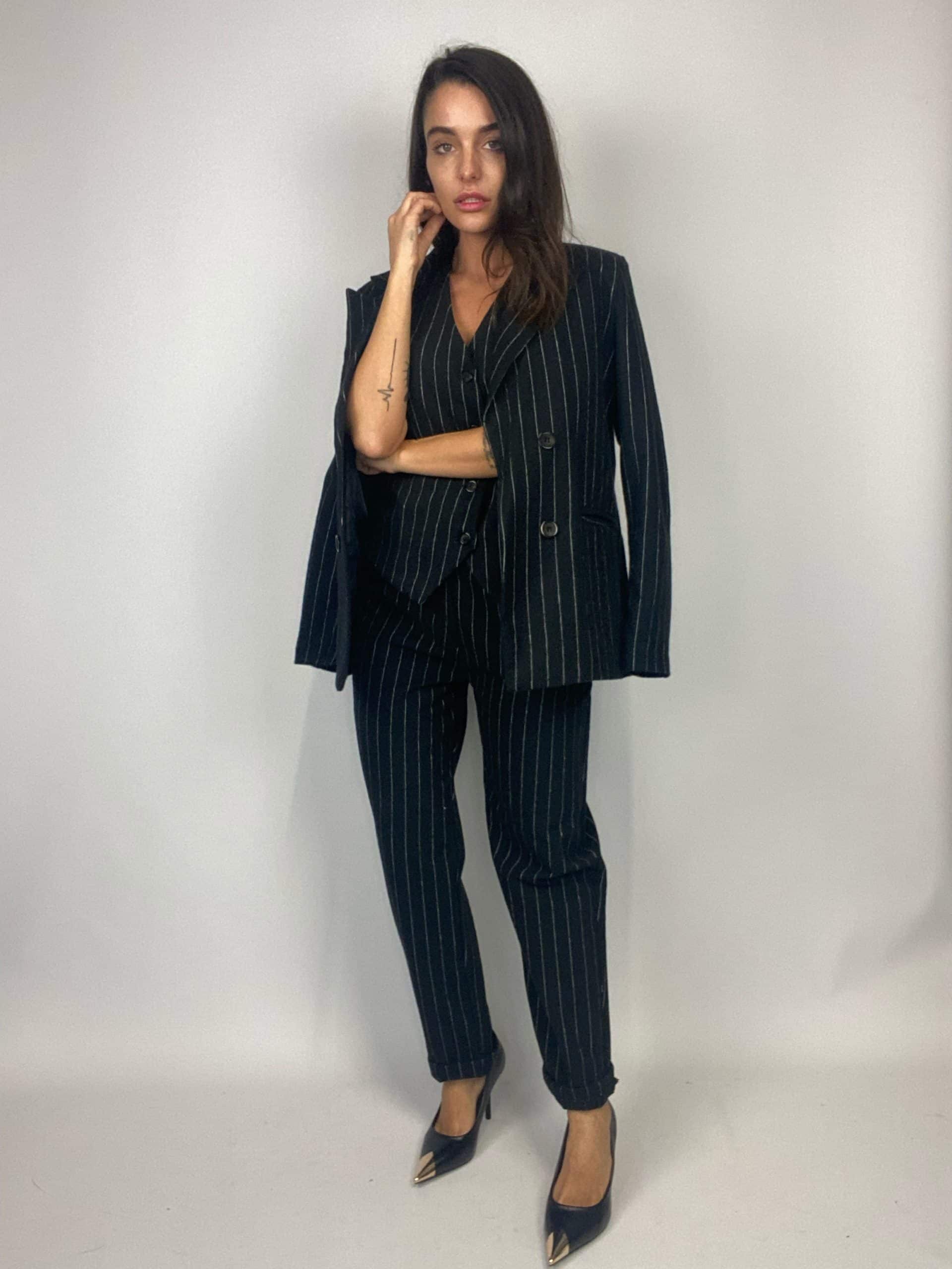 Blazer Completo Gessato Flanella - Nero