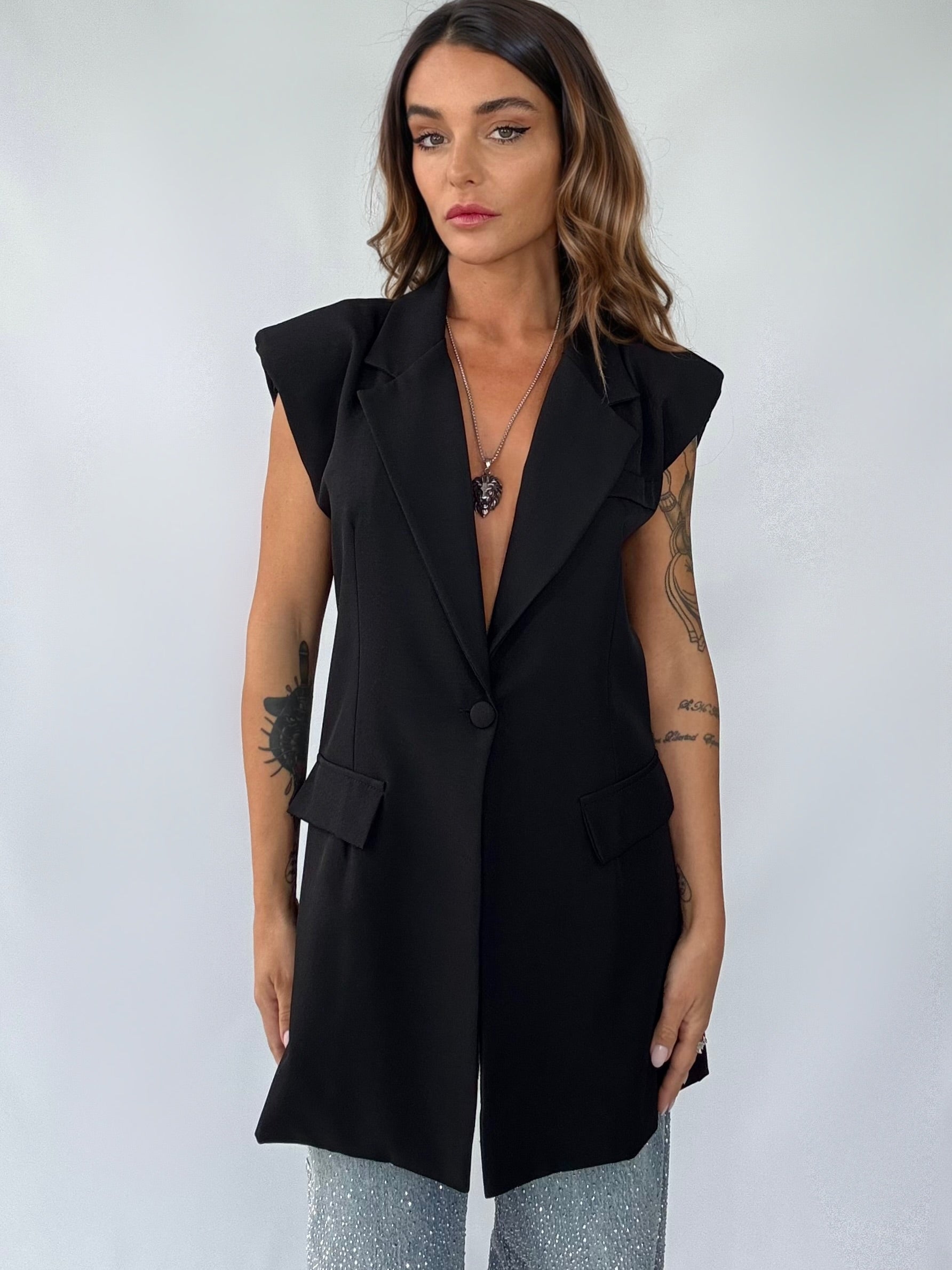 Gilet Over Spalline e Schiena Nuda - Nero