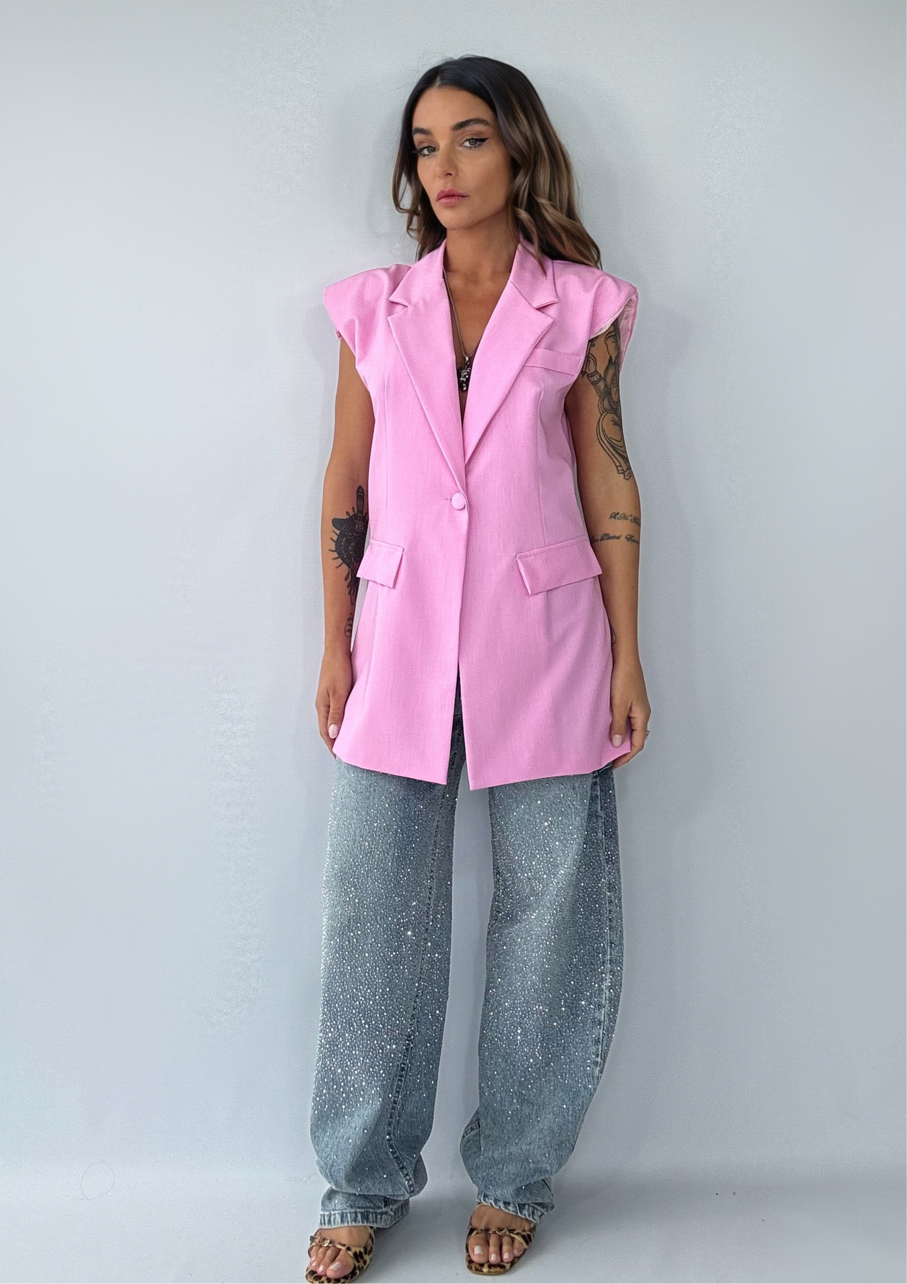 Gilet Over Spalline e Schiena Nuda - Rosa
