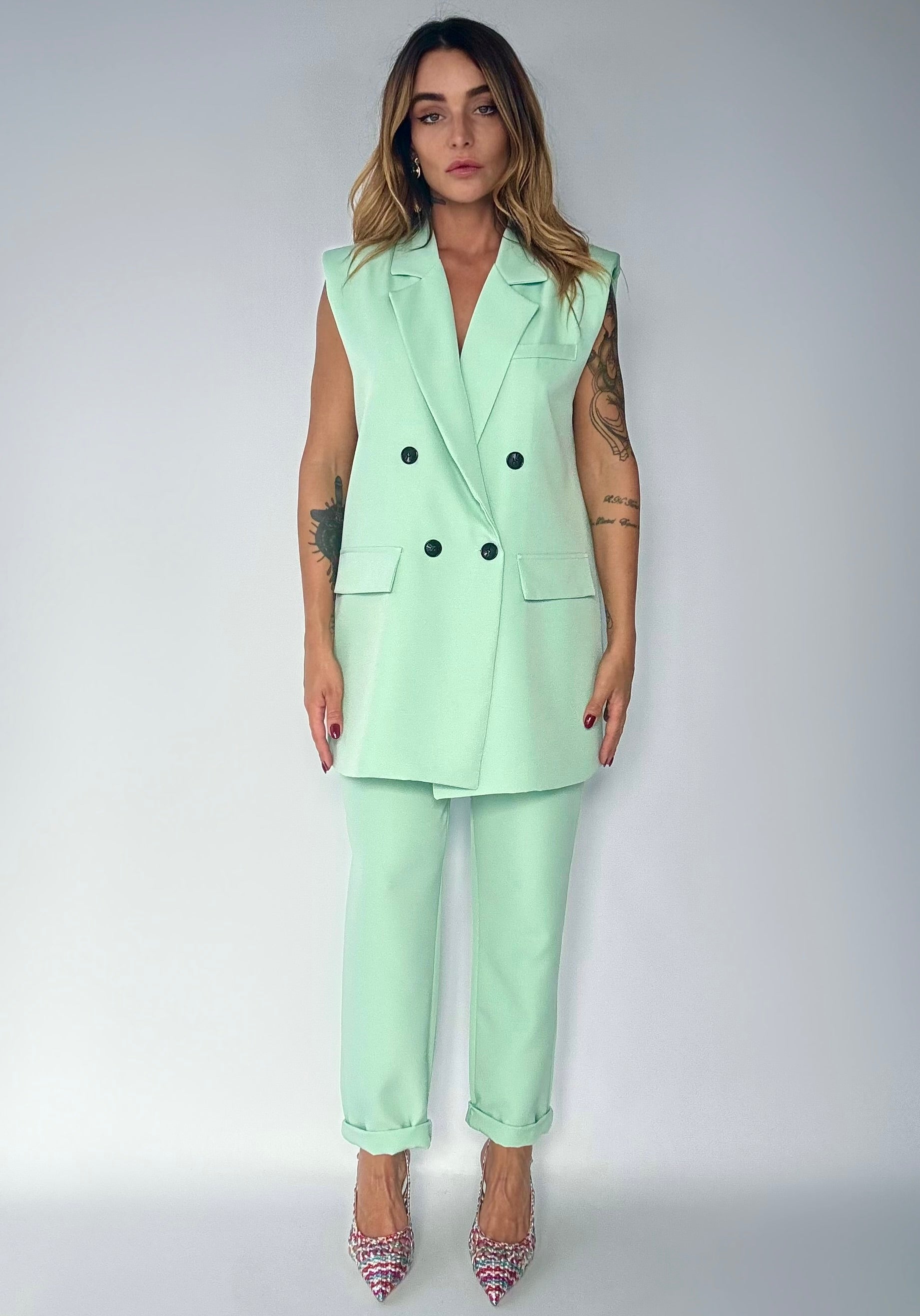 Completo Gilet Over e Pantaloni Pinces - Verde Menta