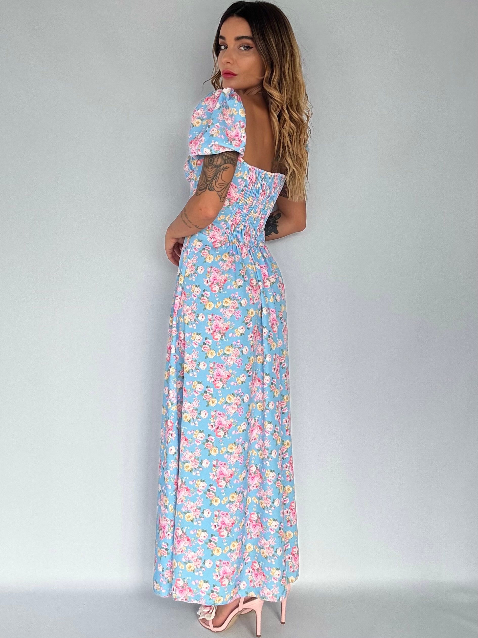 Maxi Dress Bohemien - Celeste / Rosa