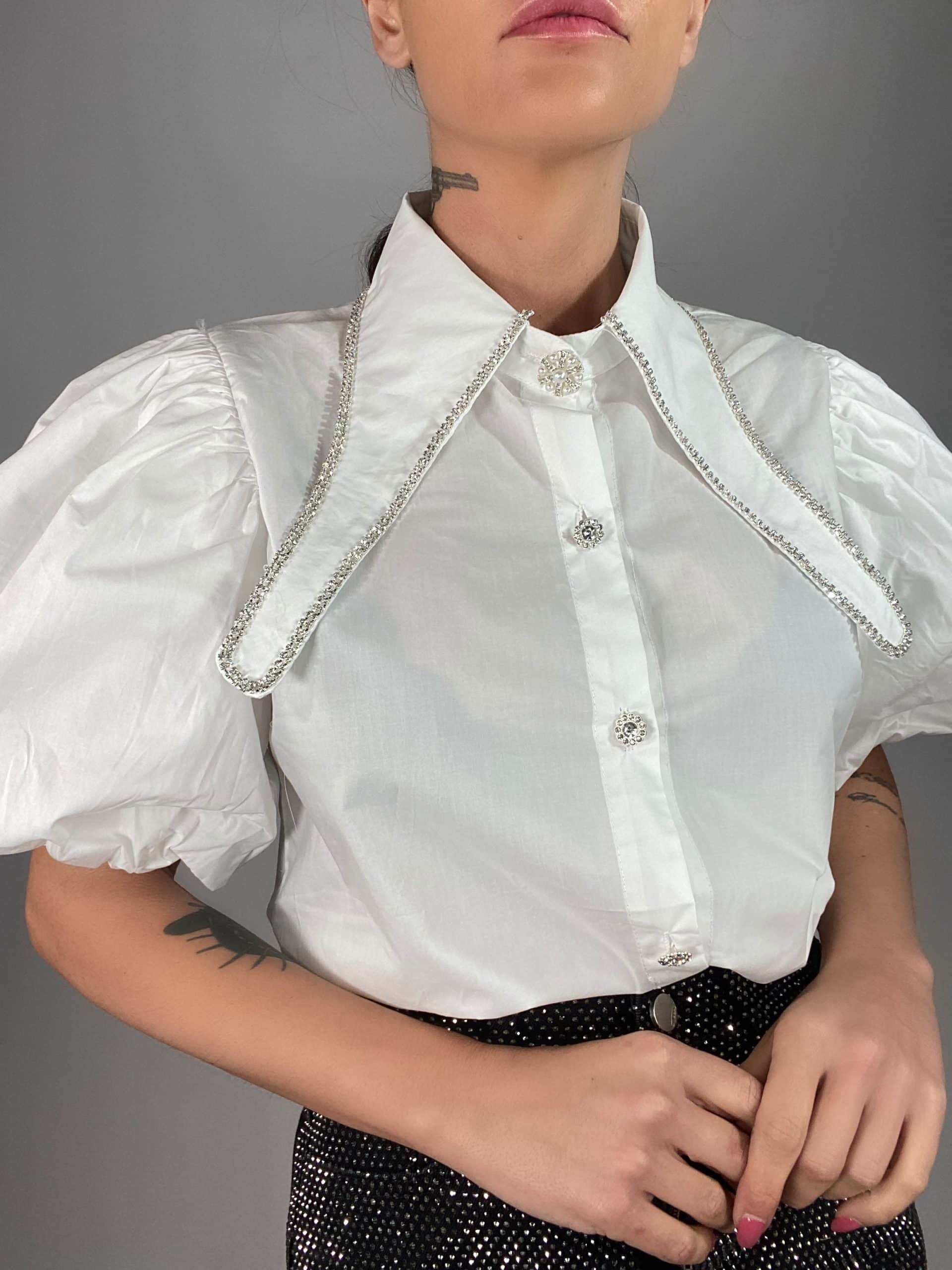 Camicia Maniche Palloncino Maxi Colletto con Strass - Rosa
