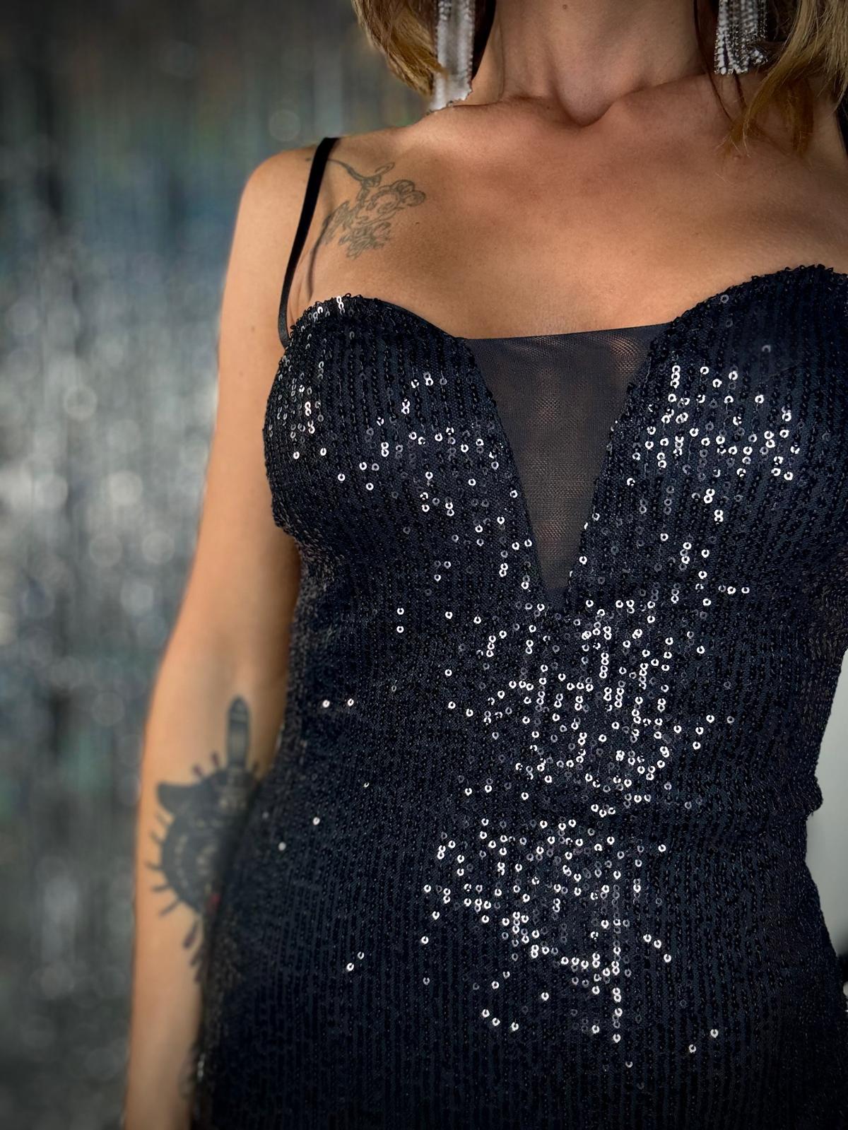 Maxi dress Piume e Paillettes - Nero.