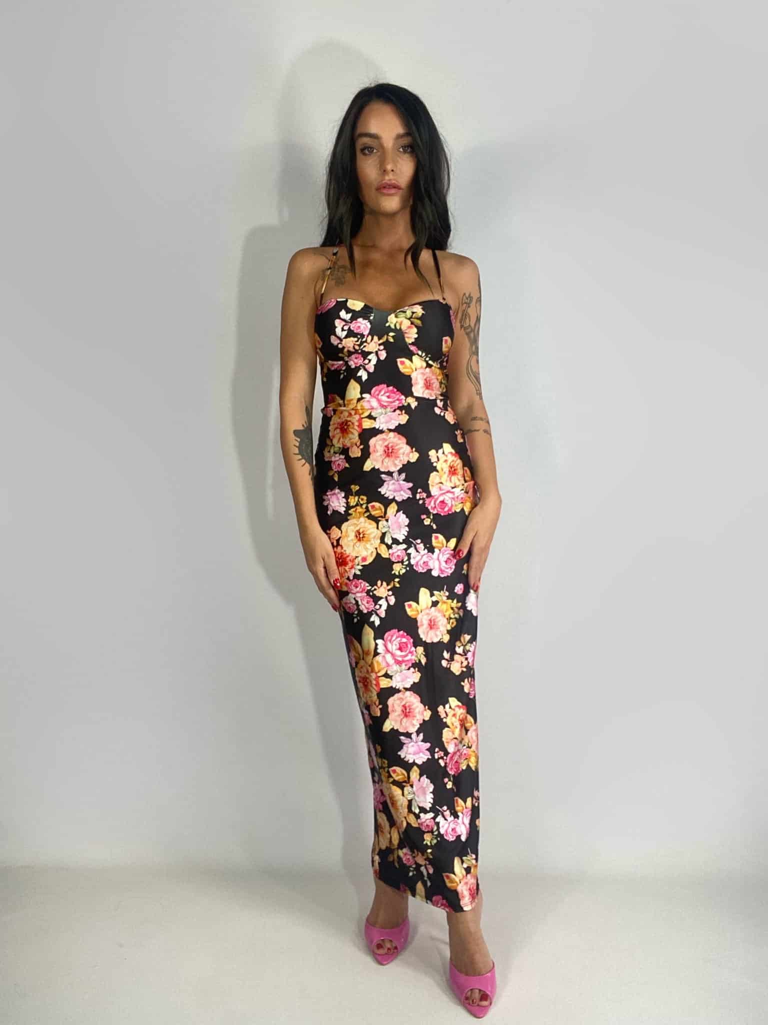 Bodycon Dress Flowers - Bianco