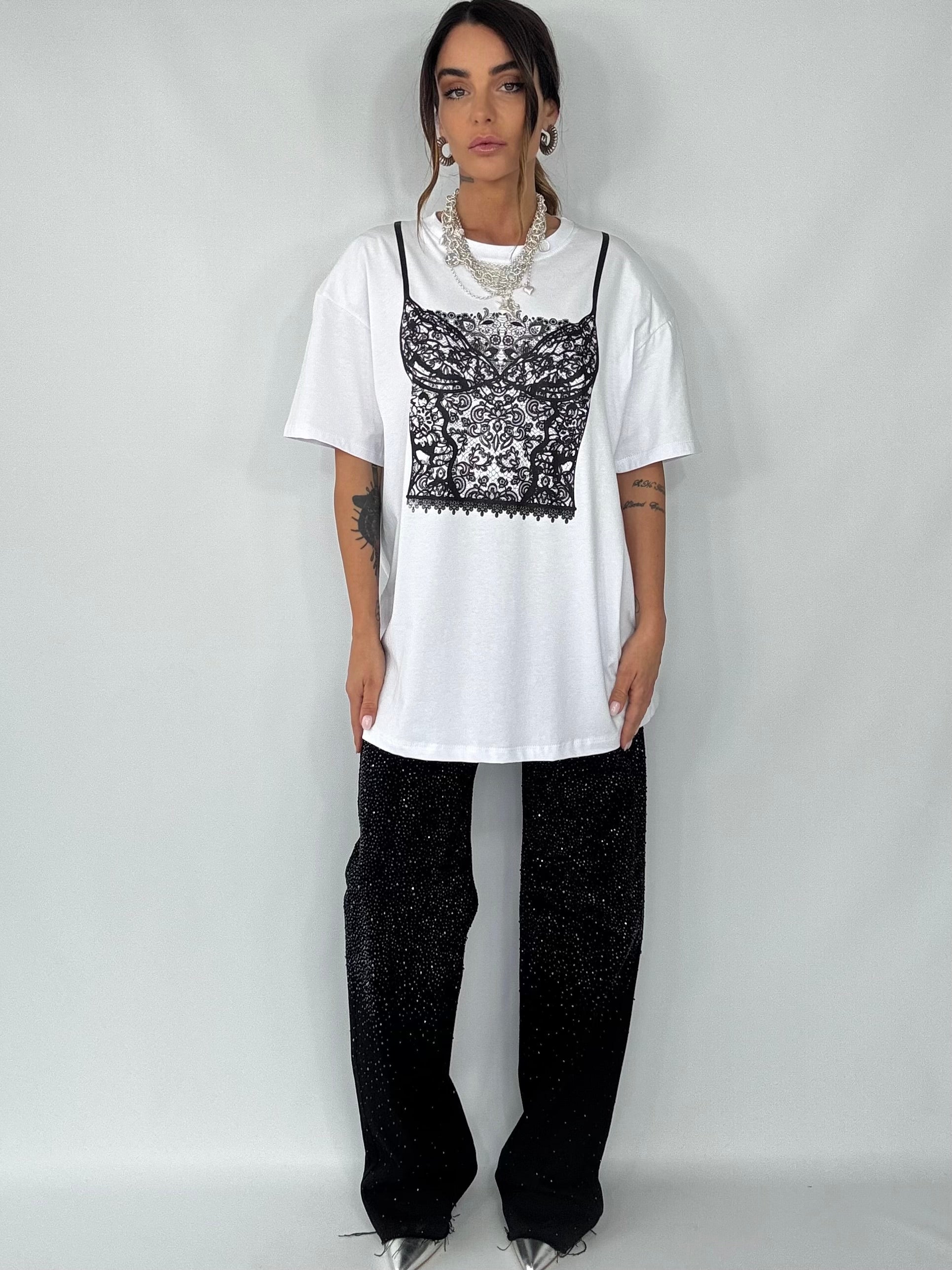 T-shirt Super Over Spalline Stampa Corsetto - Bianco