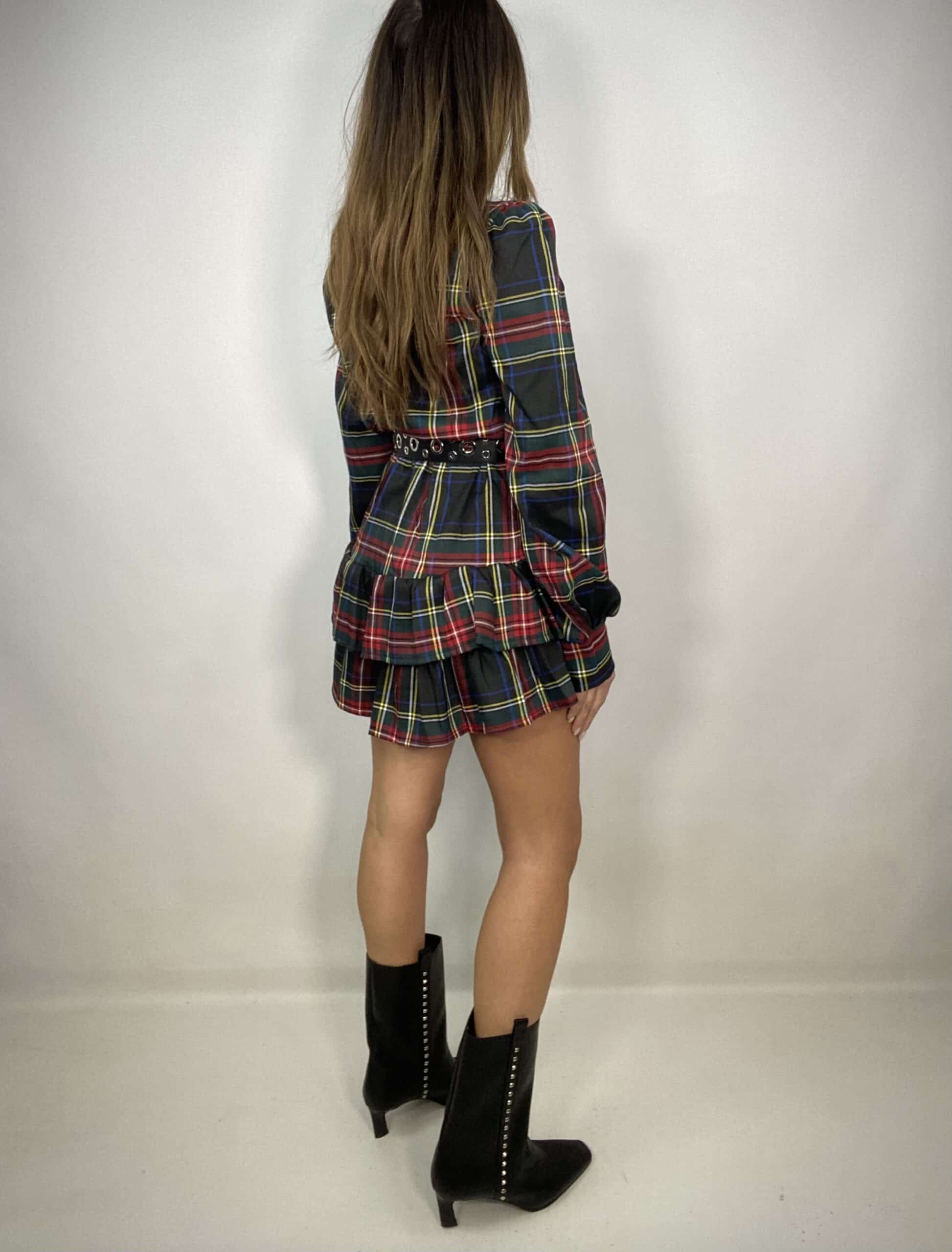 Mini Dress Tartan Con Balze - Nero.