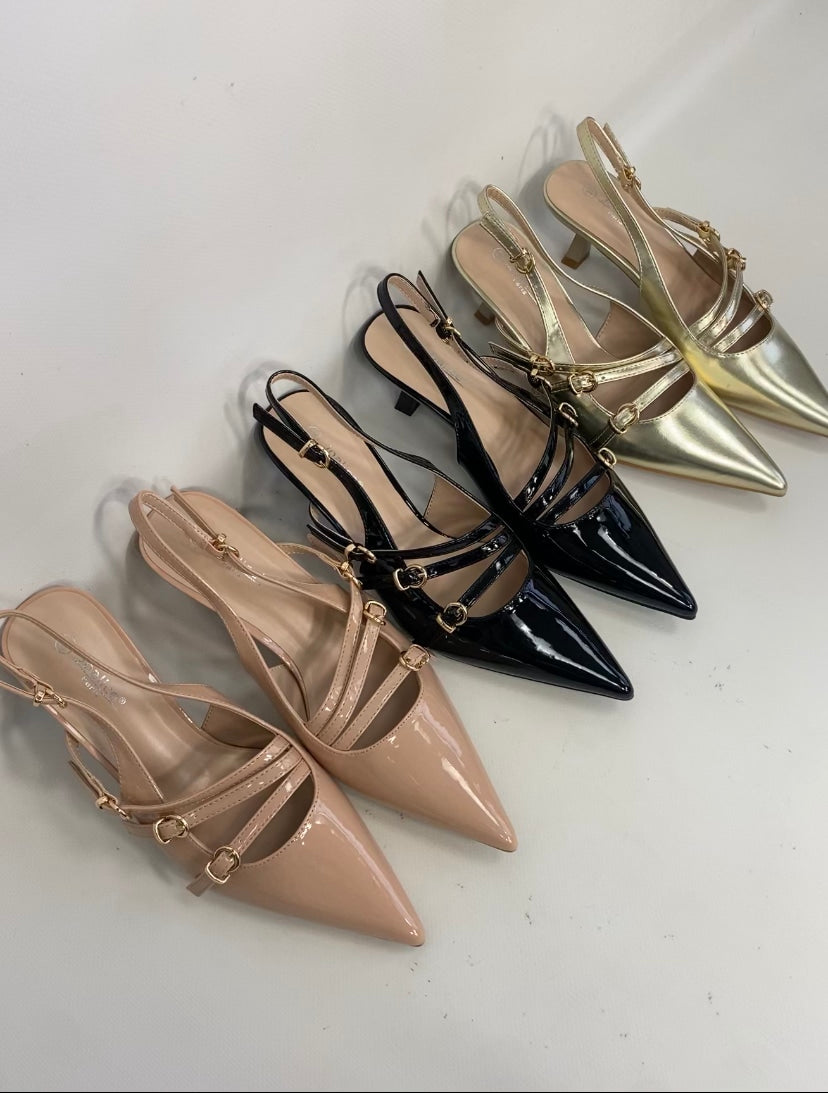 Slingback con Cinturini e Fibbie Tacco Medio - Oro
