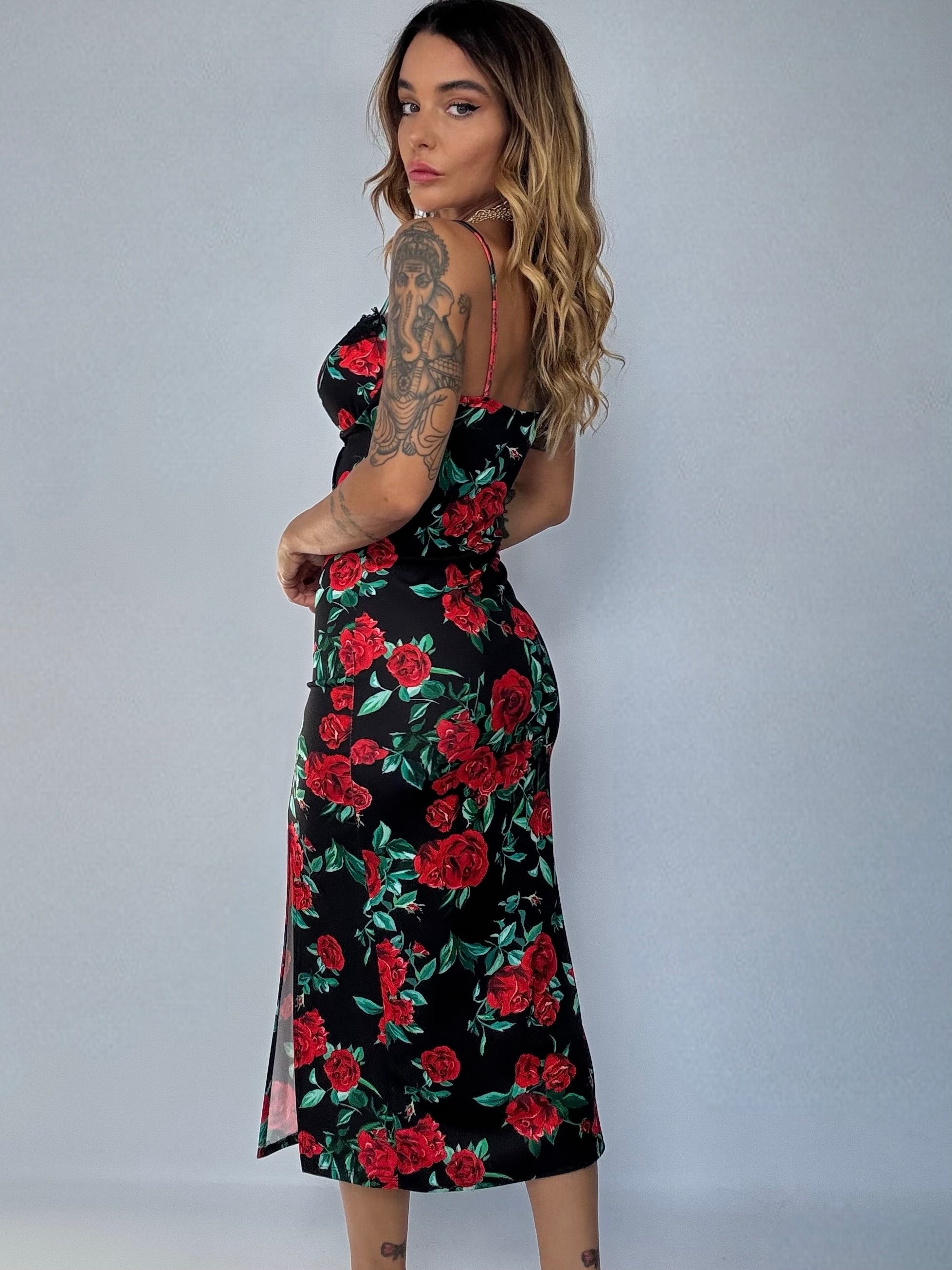 Midi Dress Rose Rosse  - Nero