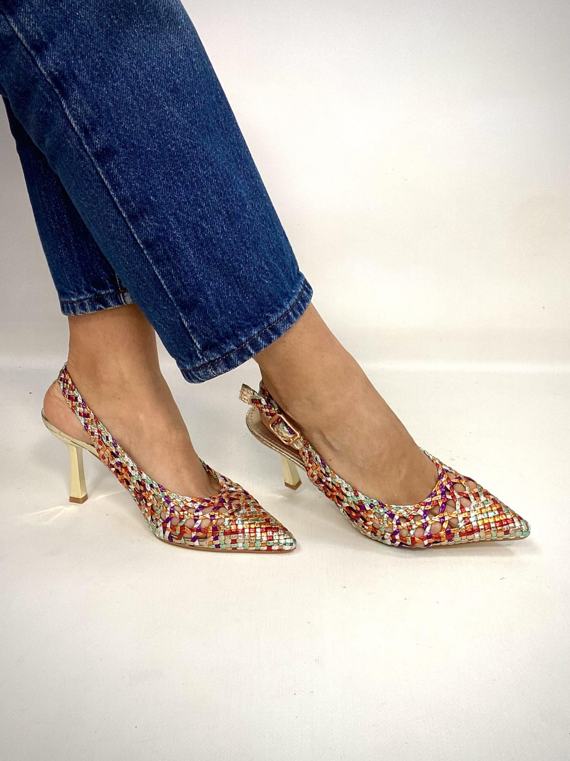Slingback Rafia Medium Heels - Multicolor Arancio / Viola
