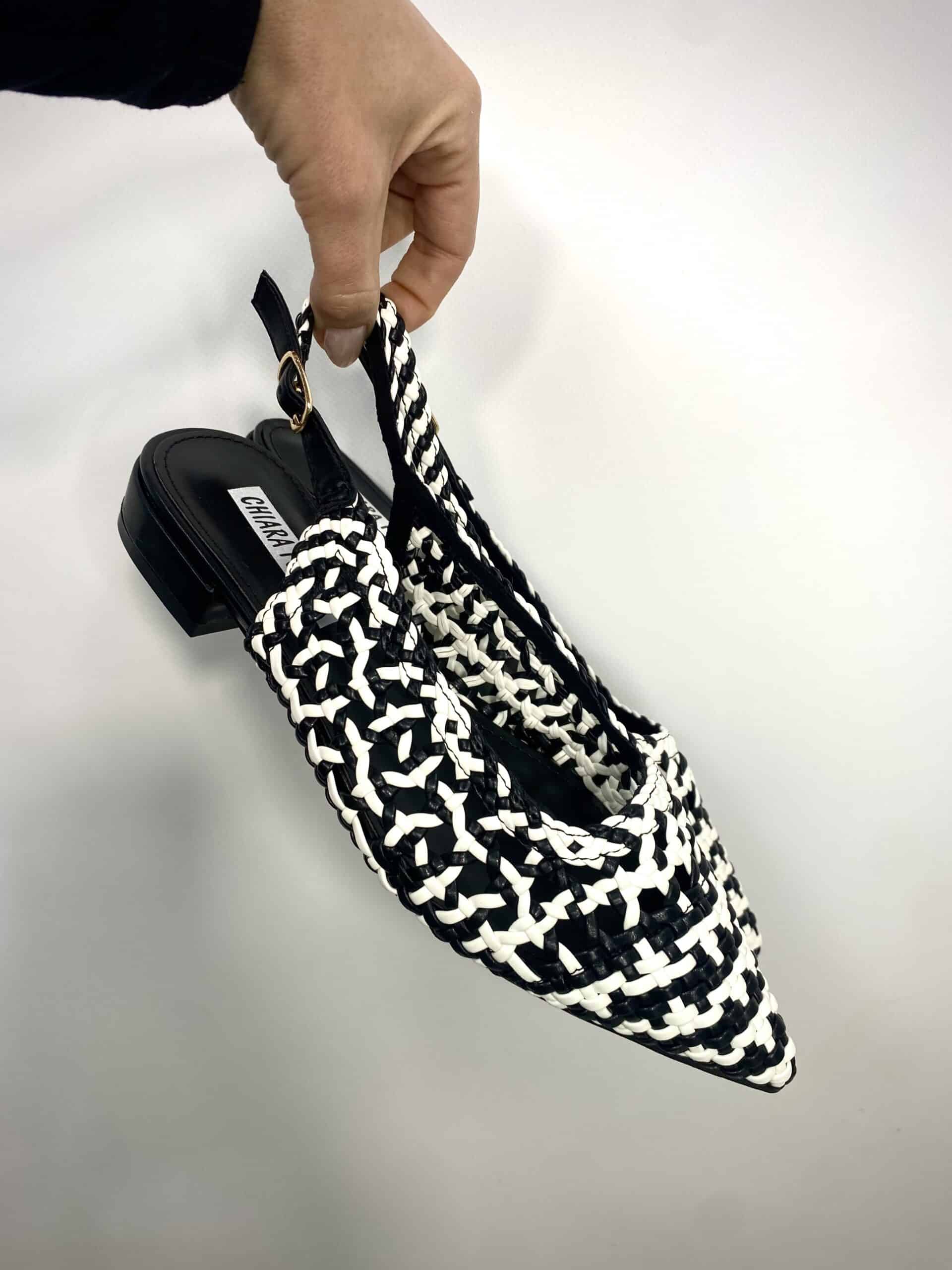 Slingback Flat Rafia - Bianco / Nero