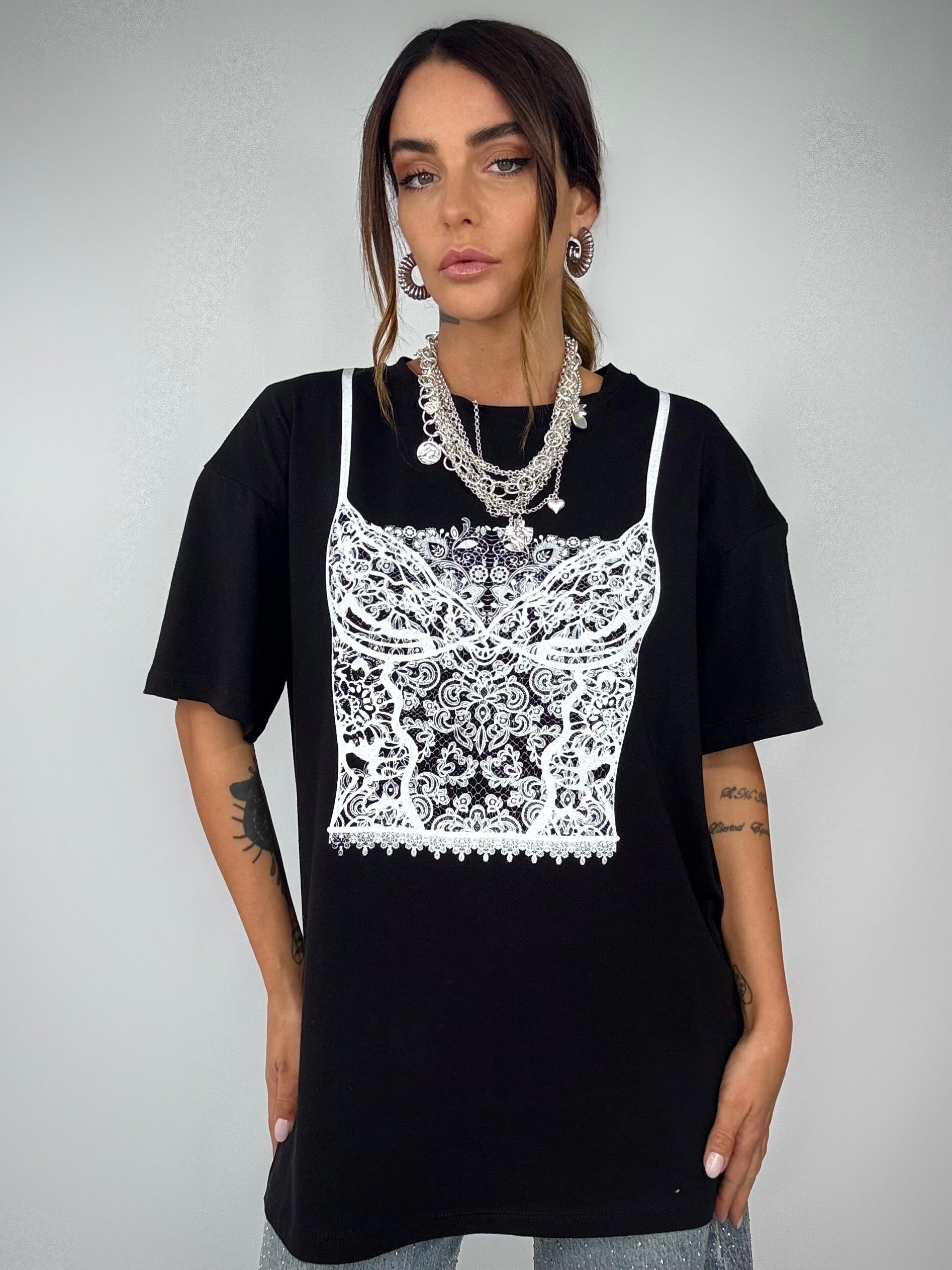 T-shirt Super Over Spalline Stampa Corsetto - Nero