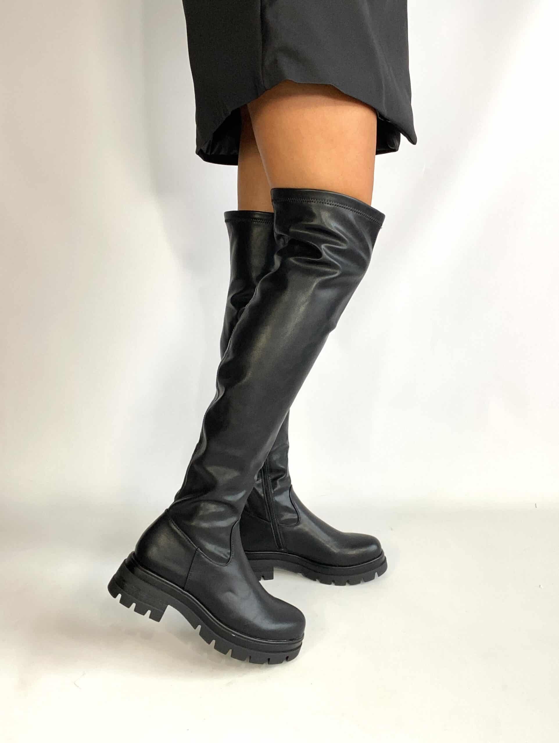 Stivali Cuissardes Platform- Simil Pelle Nero
