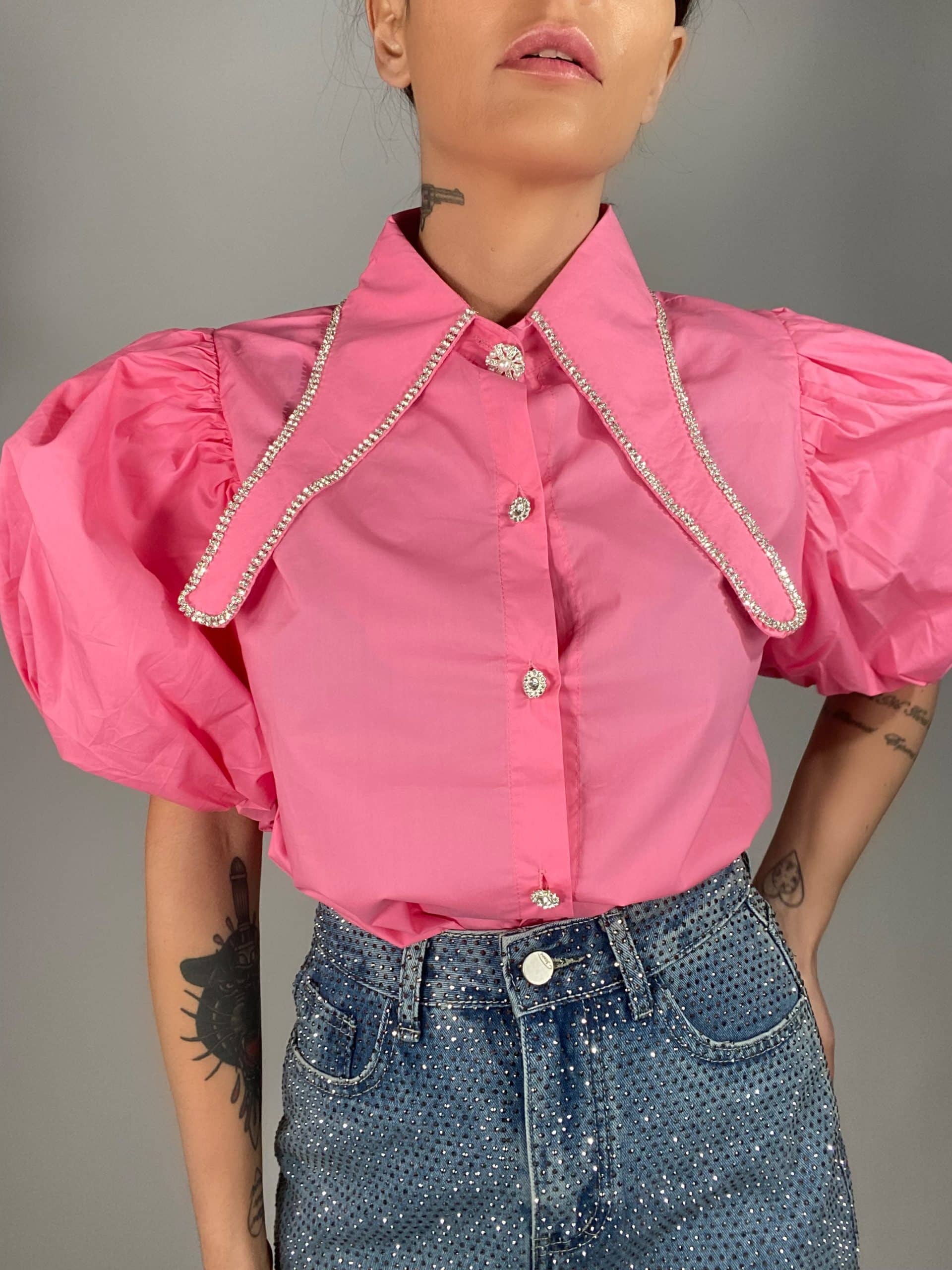 Camicia Maniche Palloncino Maxi Colletto con Strass - Rosa