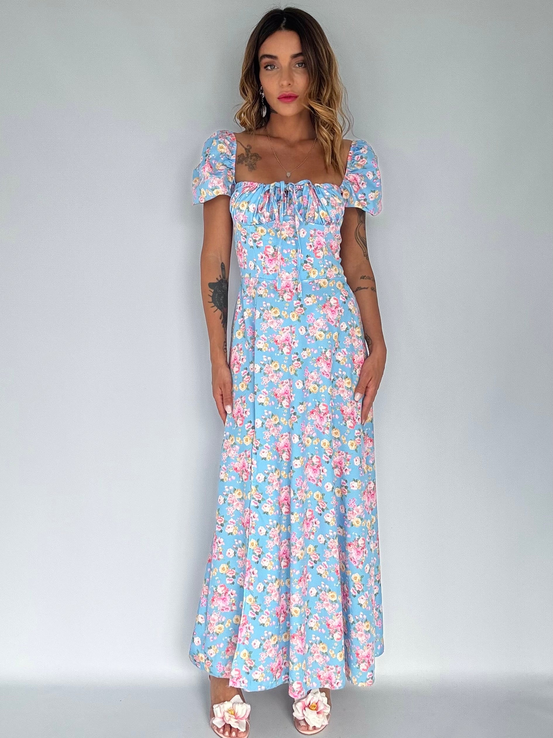 Maxi Dress Bohemien - Celeste / Rosa