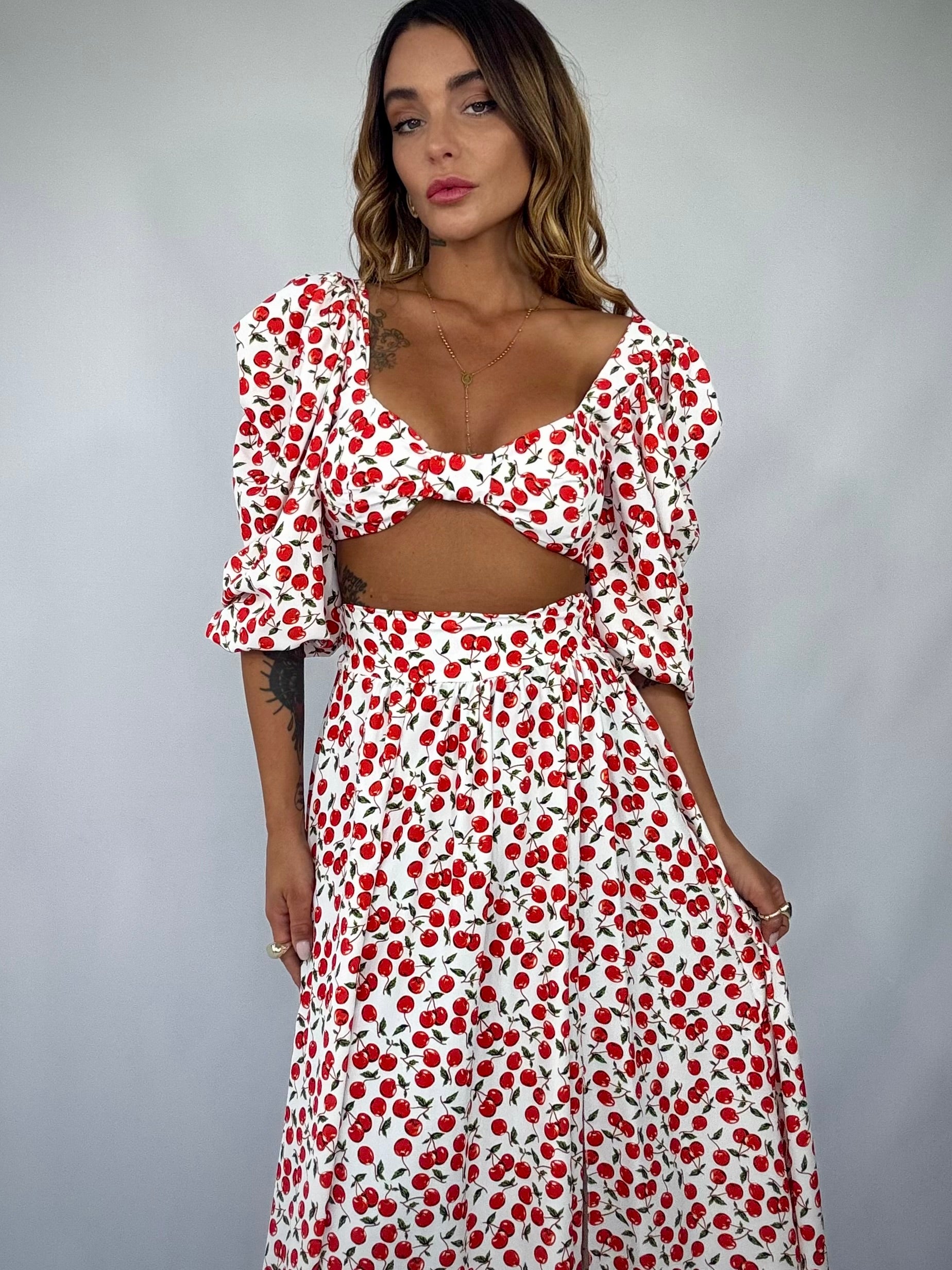 Completo Top e Gonna Ciliegie - Bianco