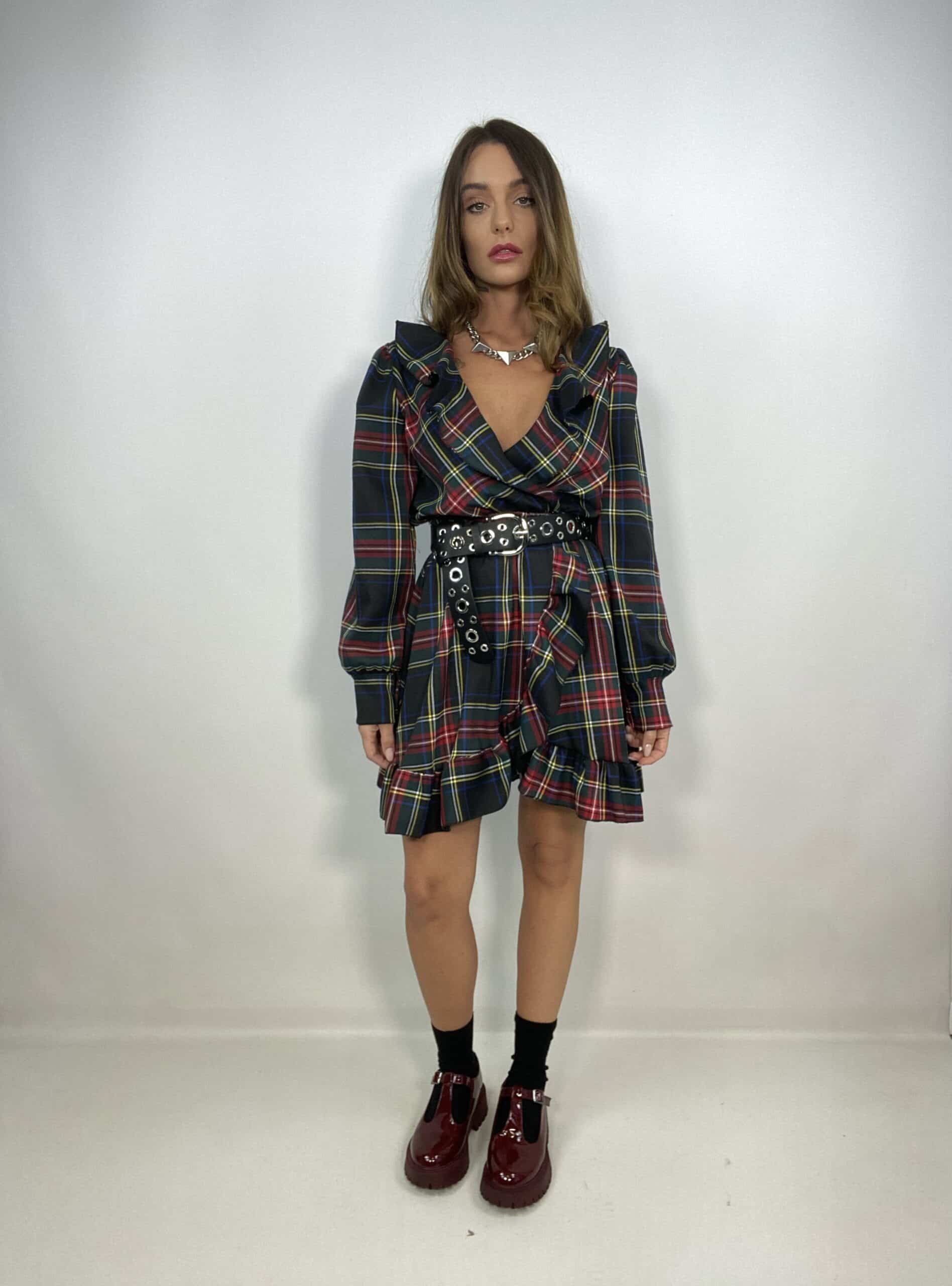 Mini Dress Tartan Con Volant - Rosso