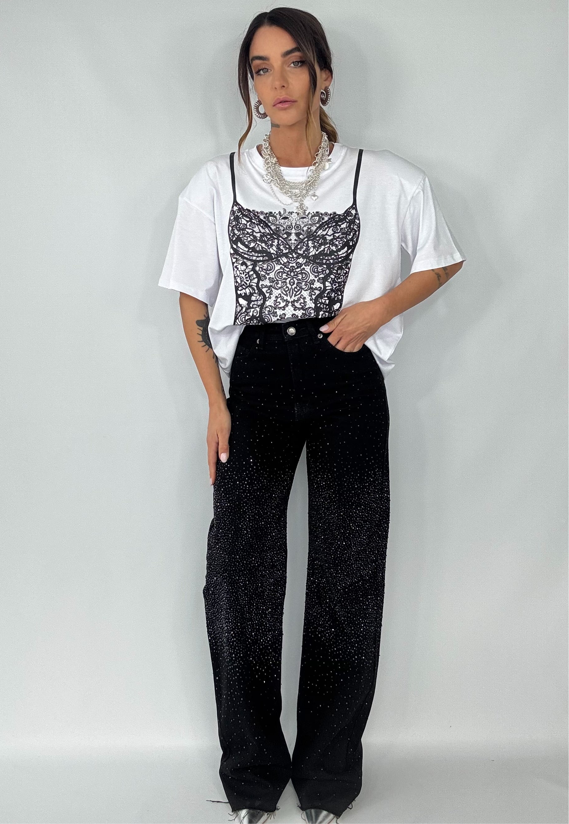 T-shirt Super Over Spalline Stampa Corsetto - Bianco