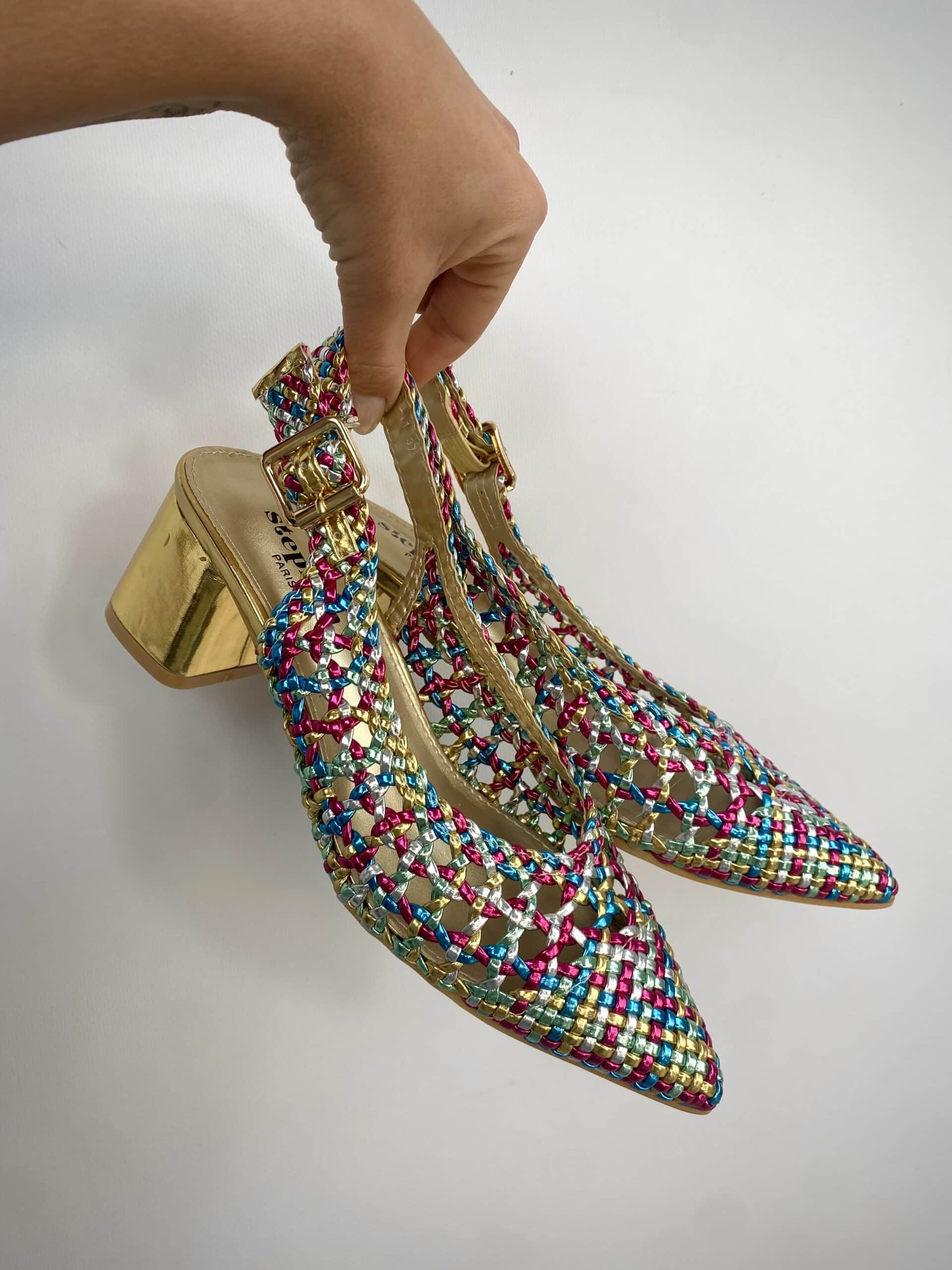 Slingback Rafia Comfort Medium Heels - Multicolor Verde / Fucsia