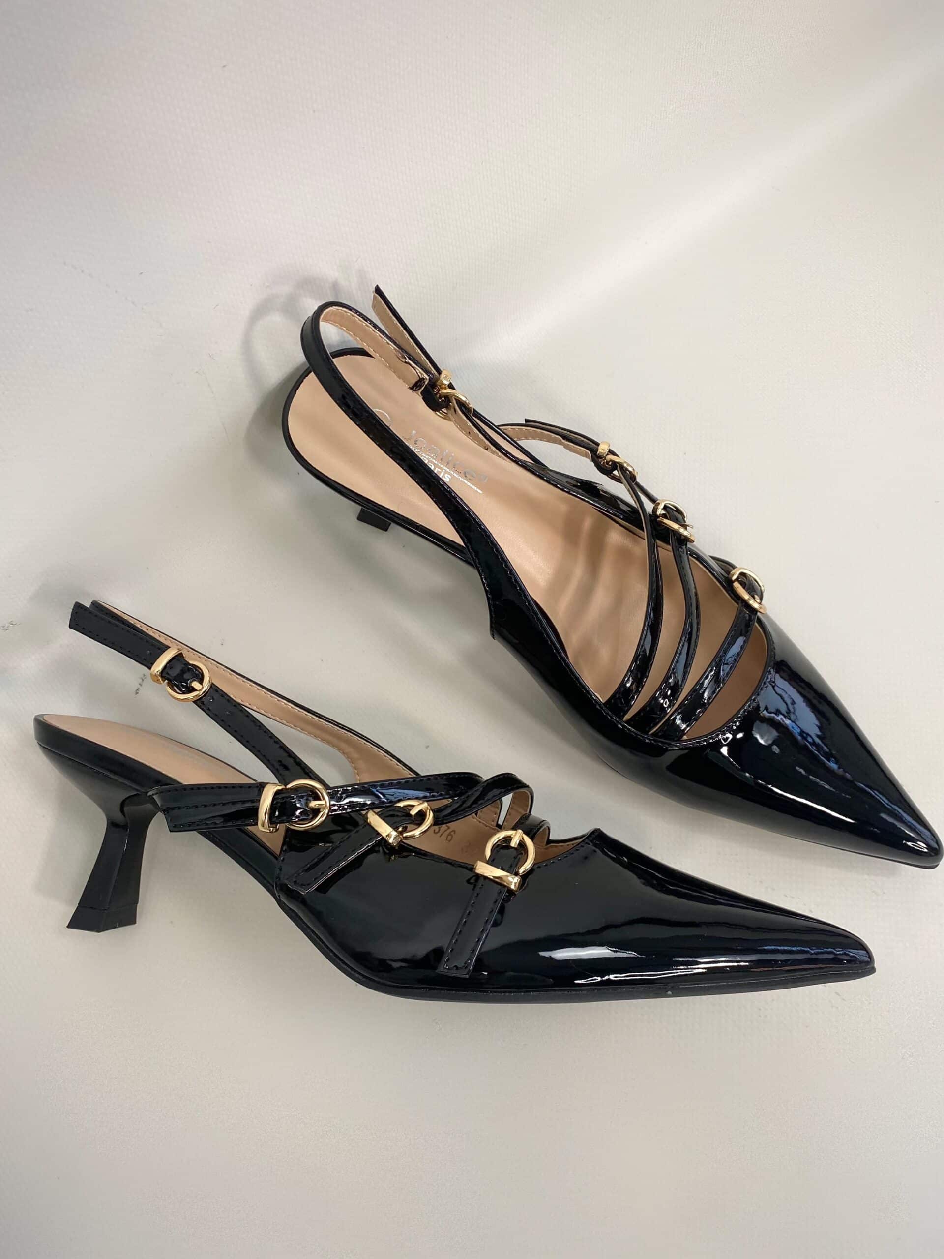 Slingback con Cinturini e Fibbie Tacco Medio - Nero