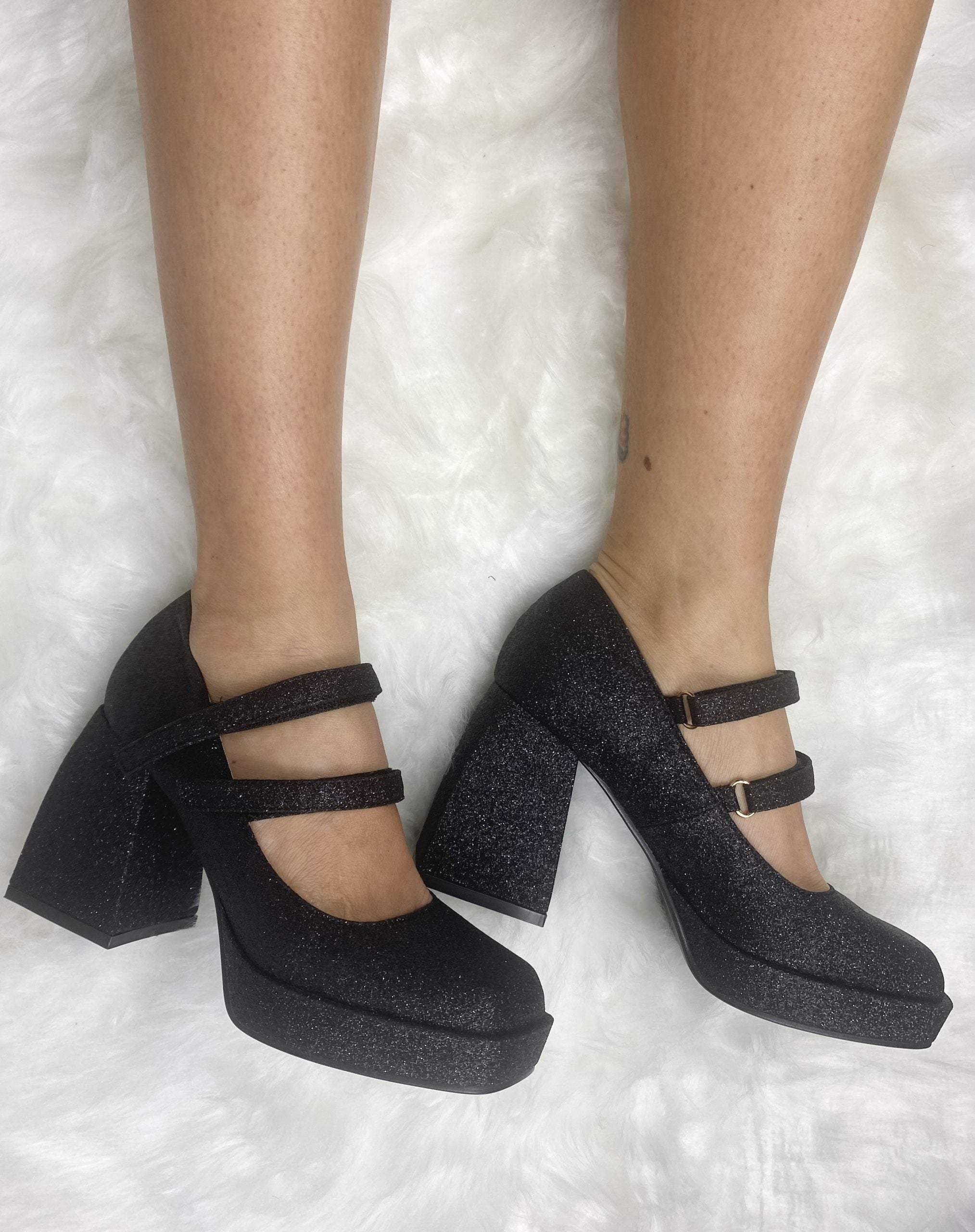 Mary Jane Shine Doppio Cinturino - Glitter Nero