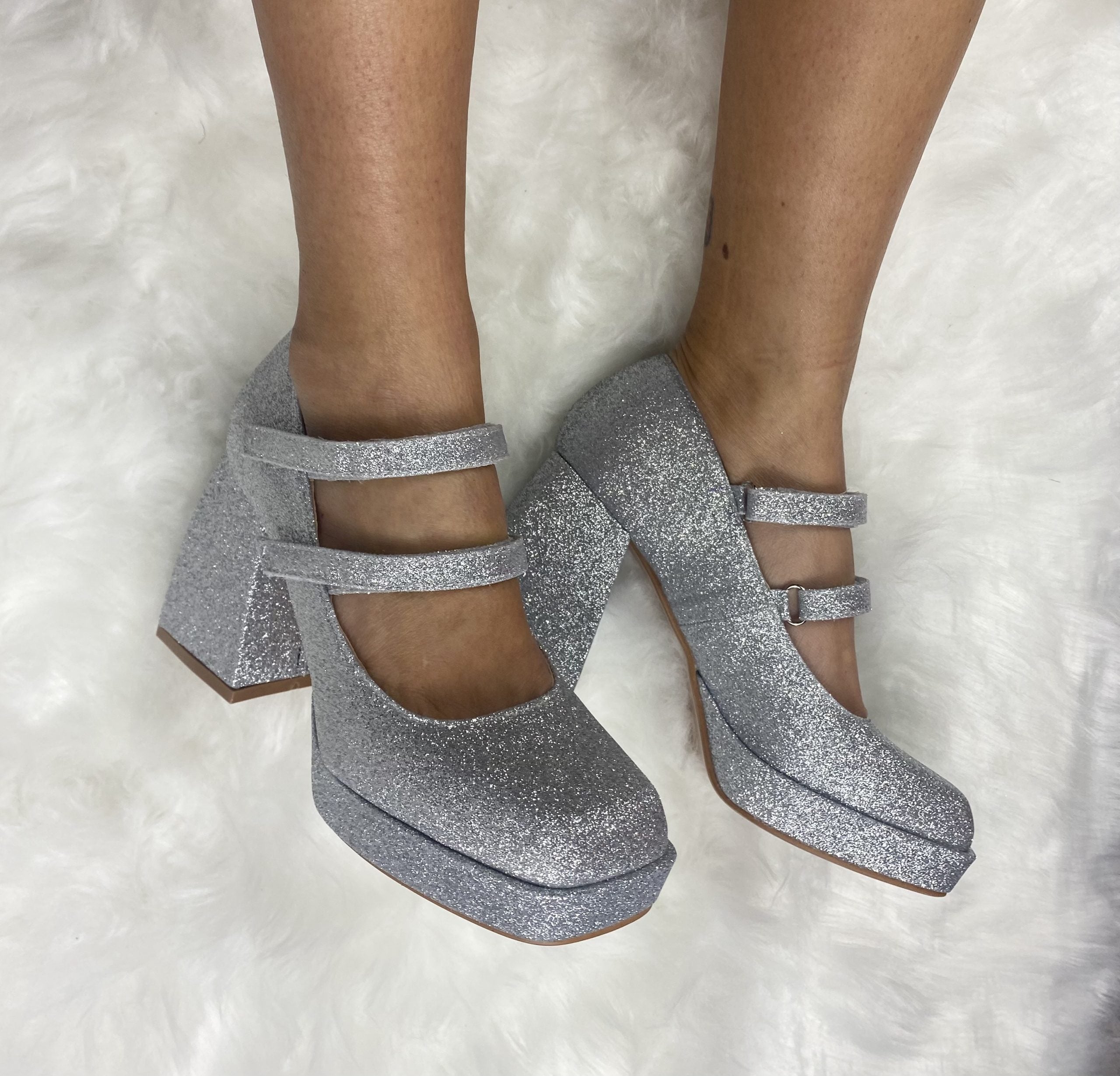 Mary Jane Shine Doppio Cinturino - Glitter Argento