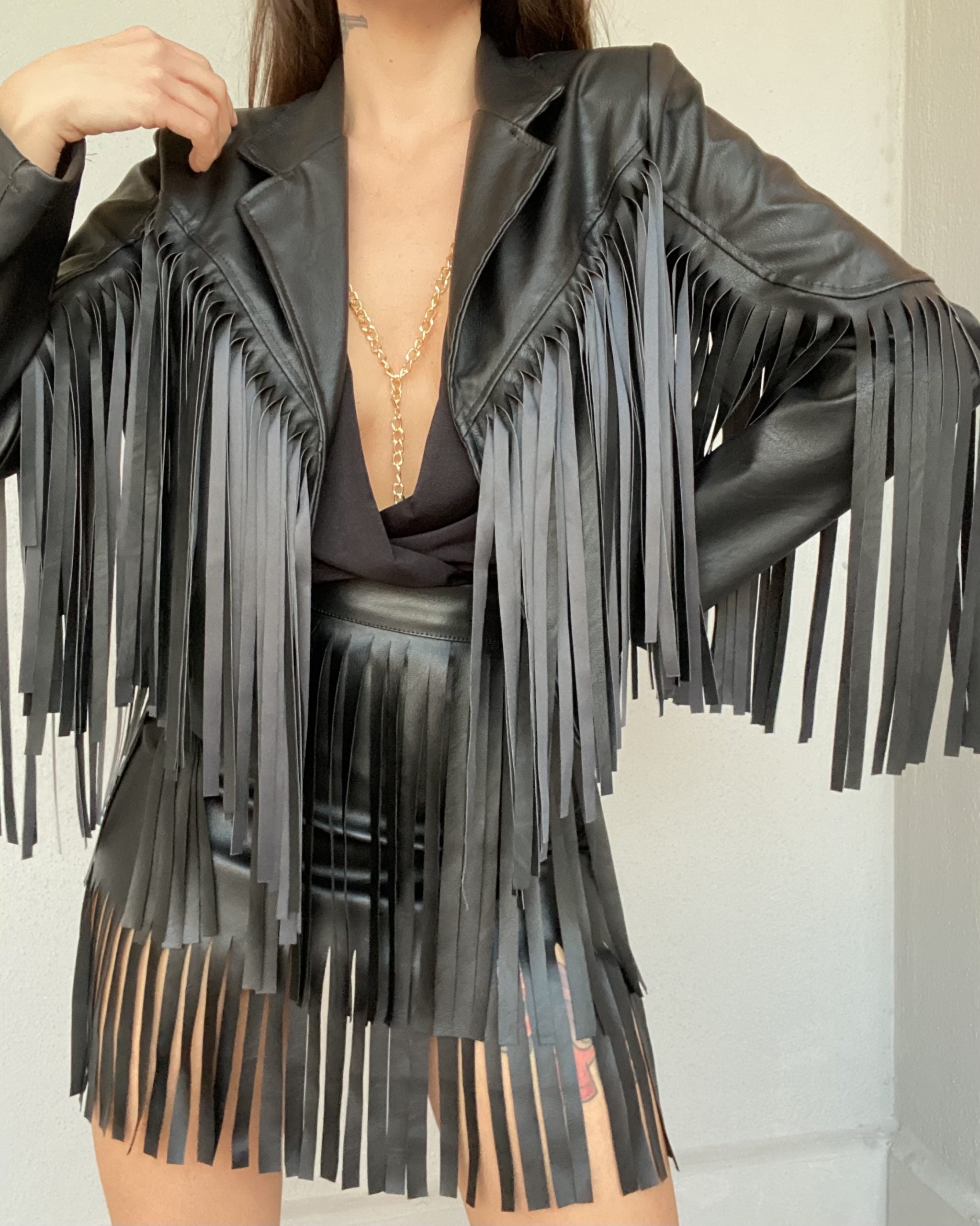 Mini Gonna Eco Pelle Frange - Nero