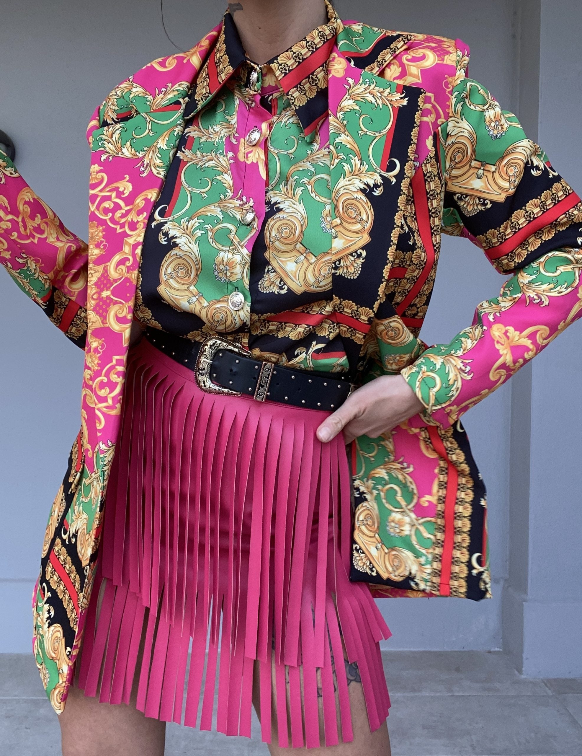 Gonna Leather Frange - Fucsia