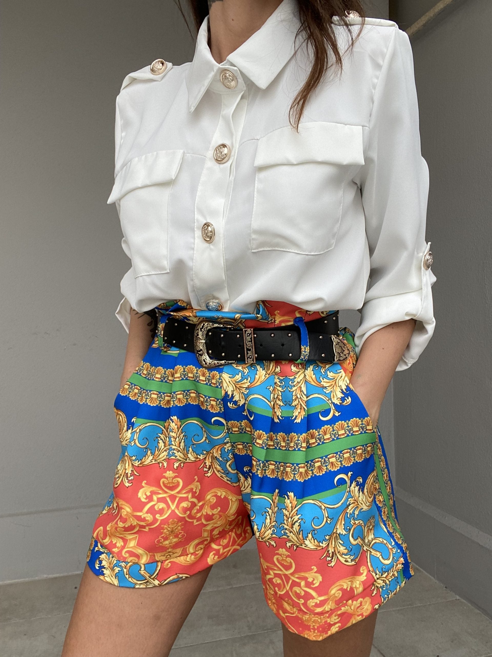Shorts Paper Bag Print Barocca - Azzurro /Arancio