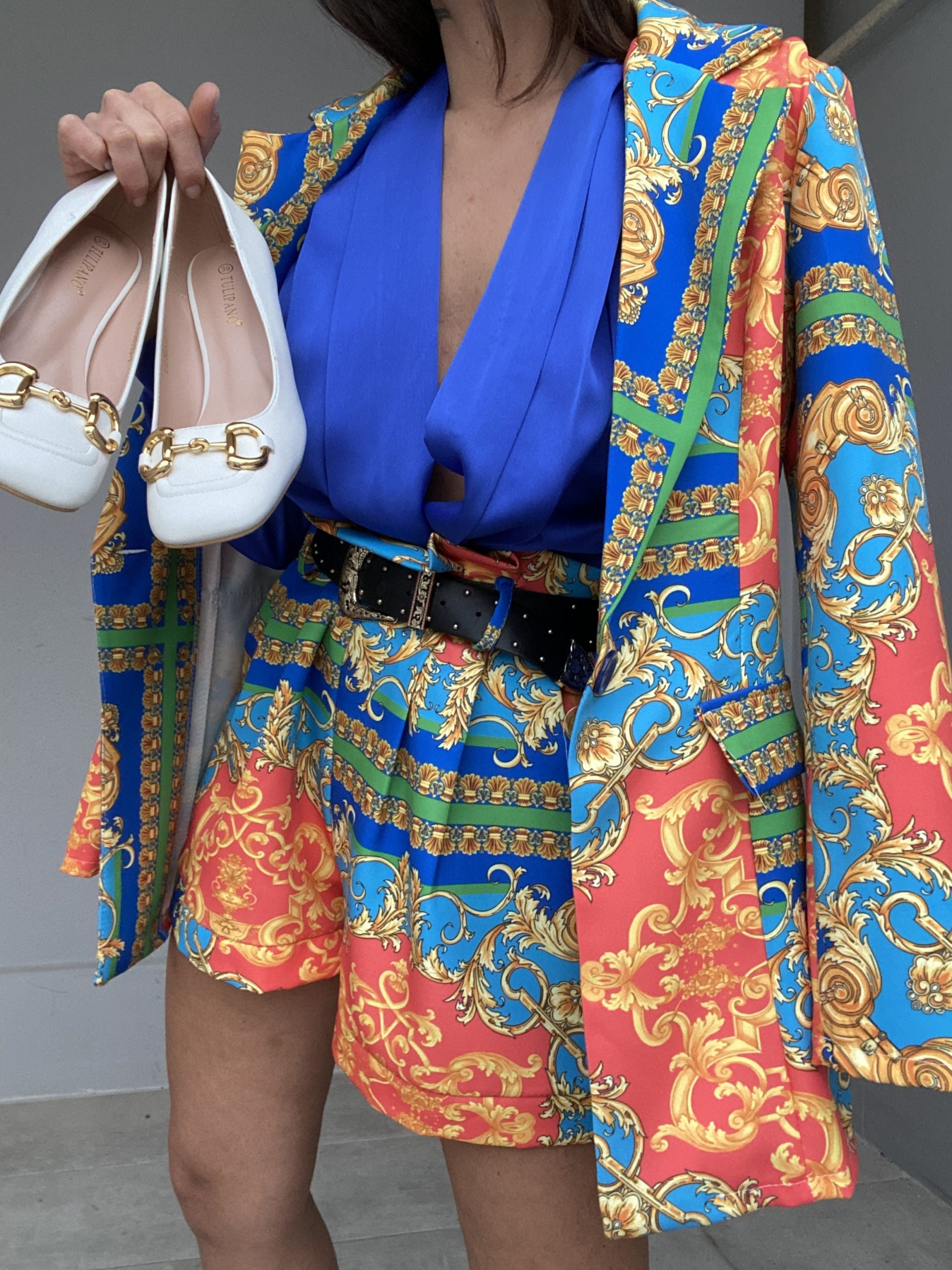 Shorts Paper Bag Print Barocca - Azzurro /Arancio