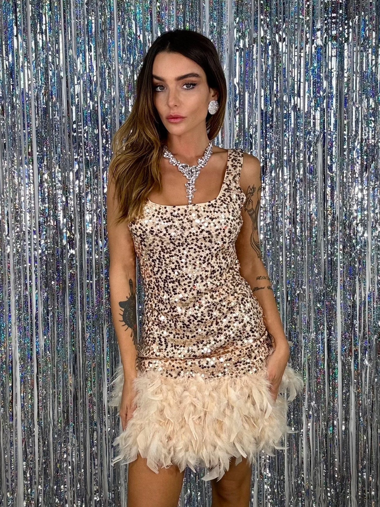 Tubino Paillettes e Piume - Rosa Gold