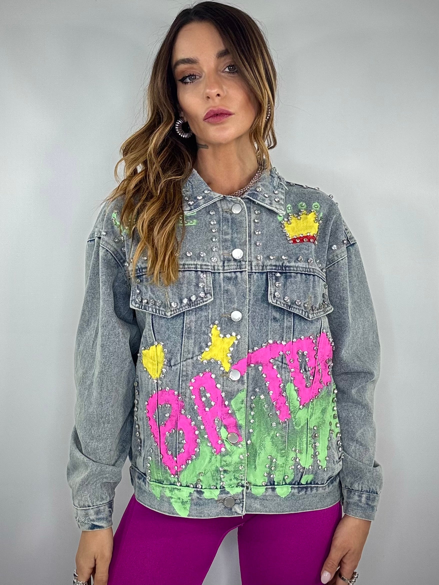 Giacca Jeans Graffiti Con Pietre - Denim