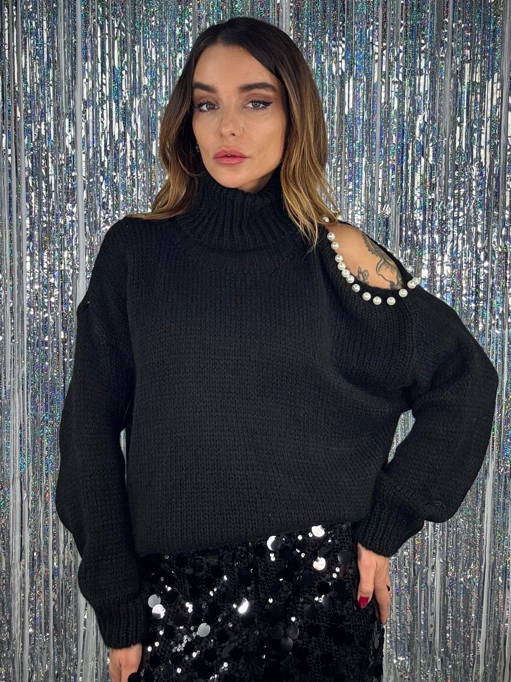 Maglione Cut Out e Perle - Nero