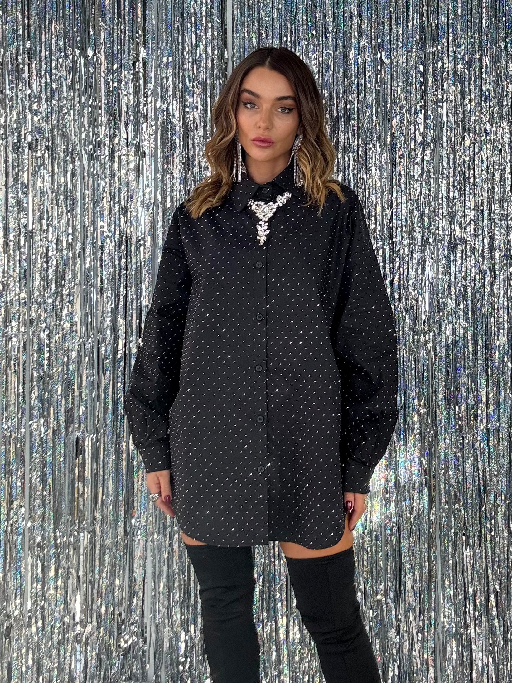 Camicia Super Over con Strass - Nero