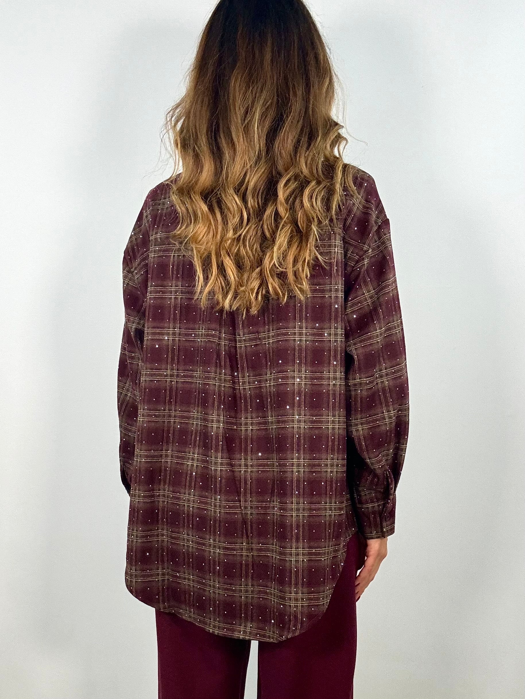 Camicia Quadri con Strass - Fango/ Bordeaux