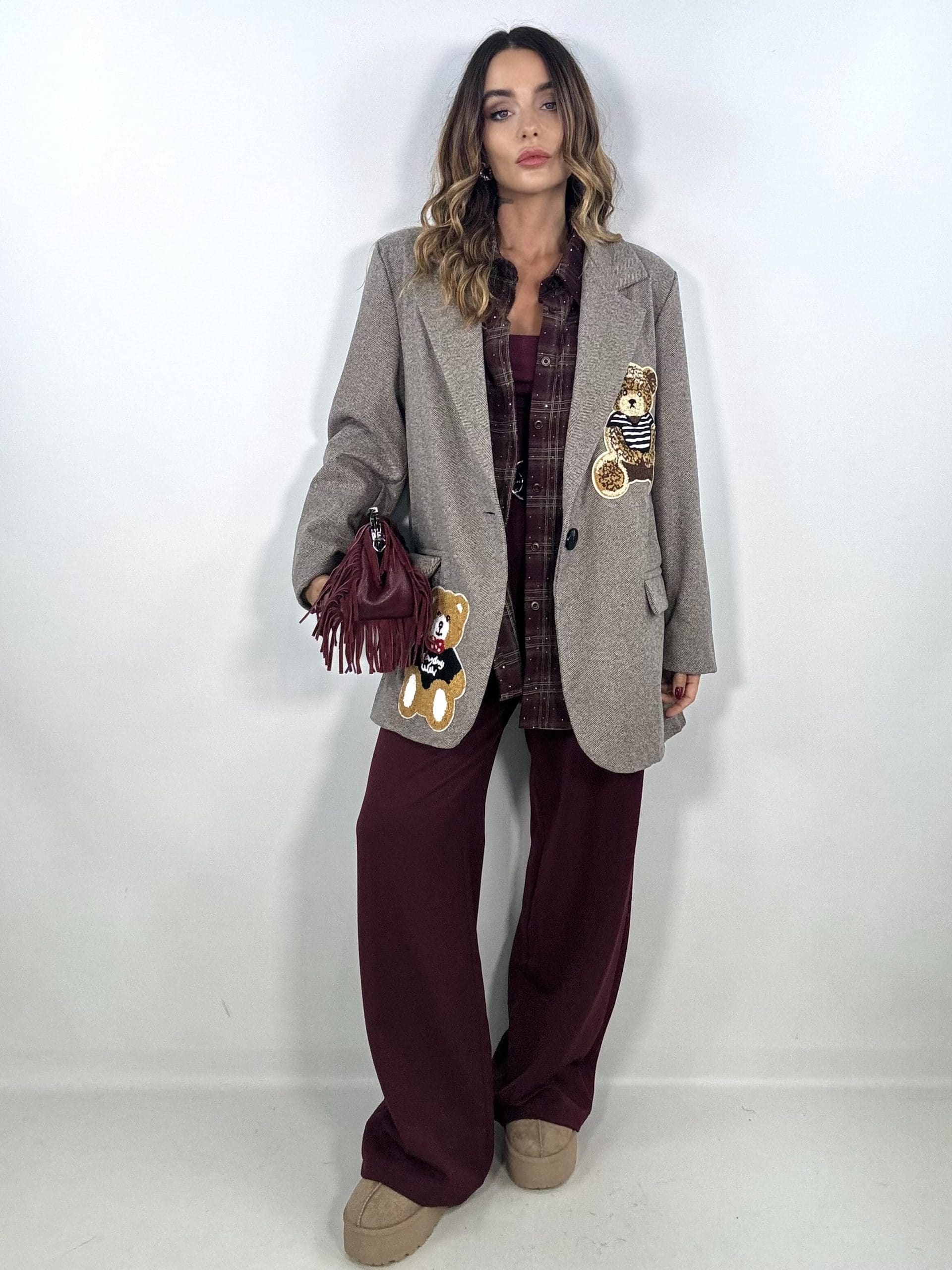 Camicia Quadri con Strass - Fango/ Bordeaux