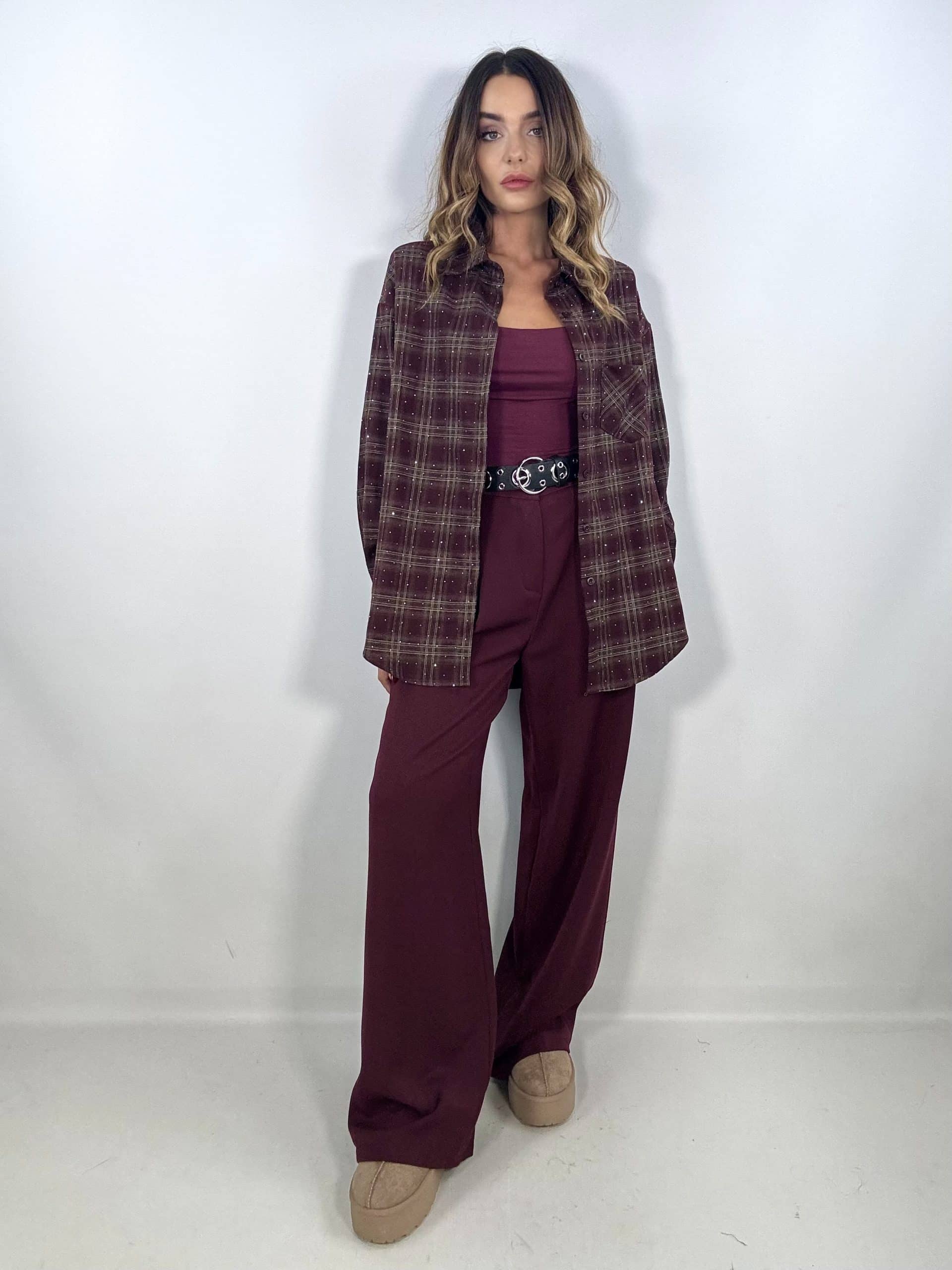 Camicia Quadri con Strass - Fango/ Bordeaux