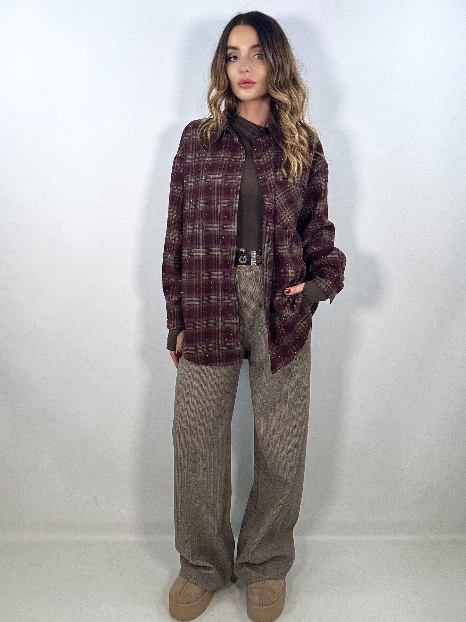 Camicia Quadri con Strass - Fango/ Bordeaux