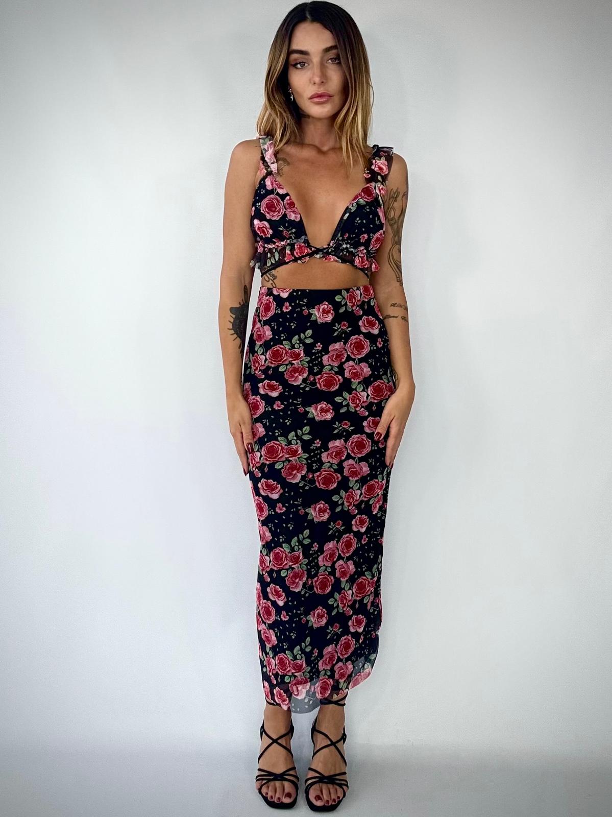 Completo Flowers Top e Gonna Midi - Nero /Fucsia